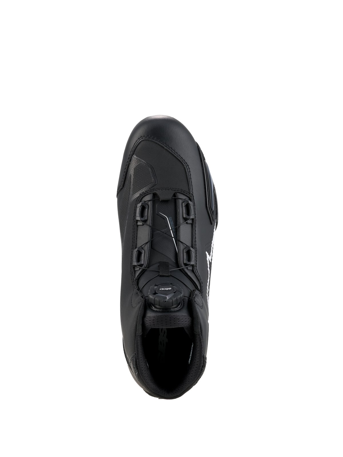 Alpinestars Celer Shoes, Black and White, top-down view highlighting the Rotor Closure System dial, technical microfiber construction, and sleek sport riding silhouette.