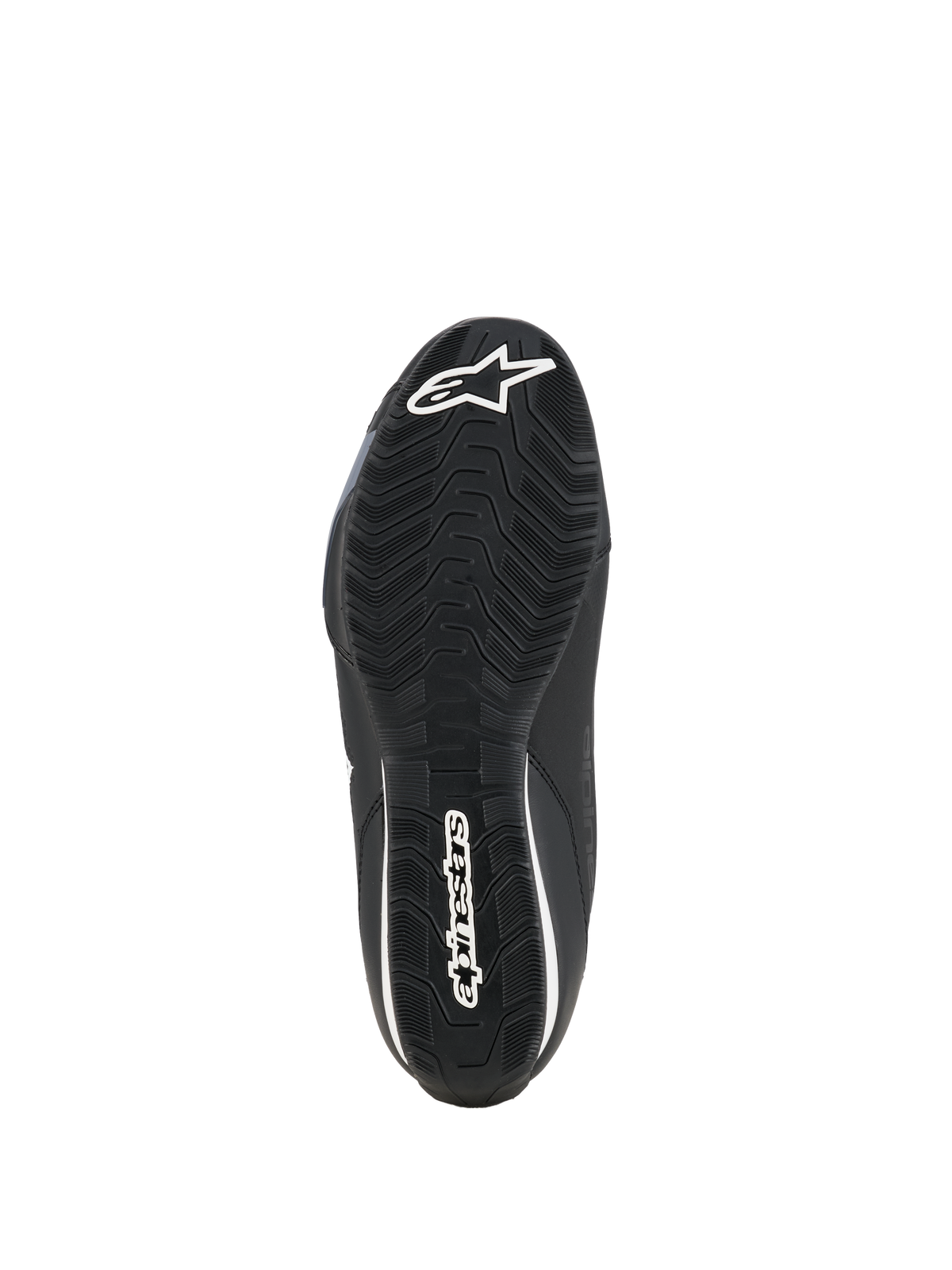 Alpinestars Celer Shoes, Motorcycle Riding Shoes, Black White, underside view of the oil-resistant rubber sole featuring a textured grip pattern and white Alpinestars branding.