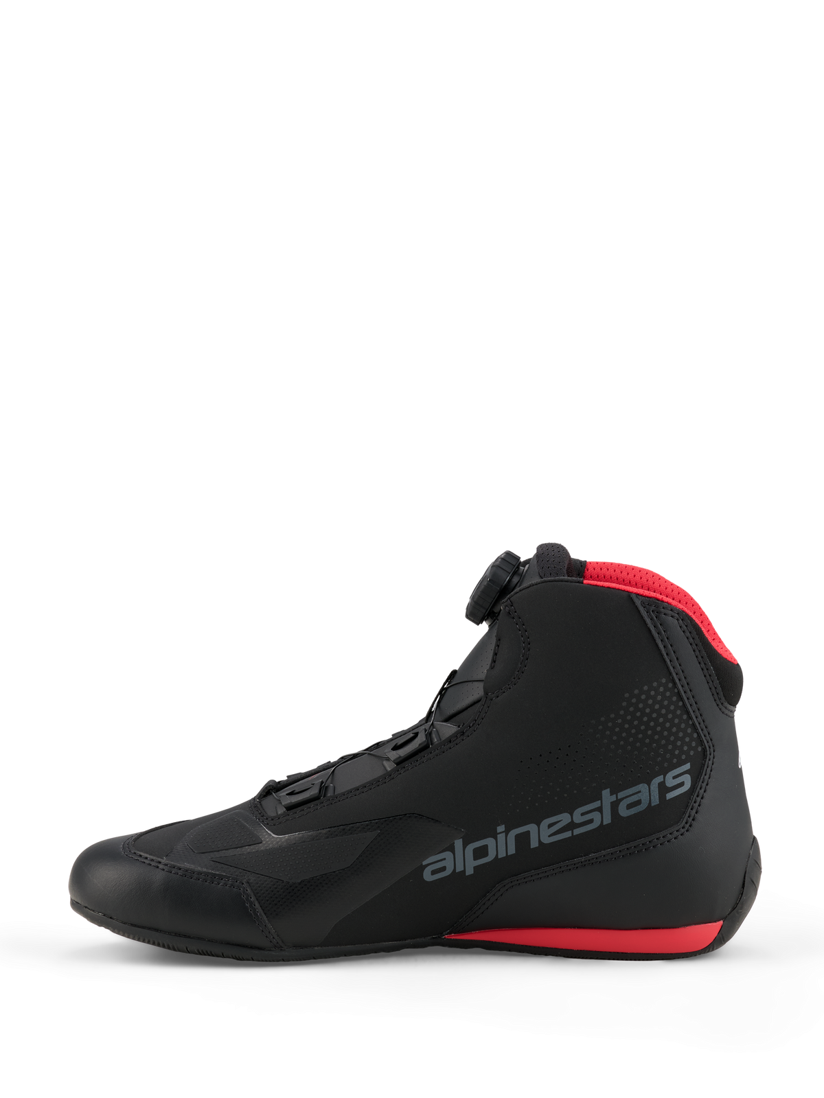 Alpinestars Celer Shoes, Motorcycle Riding Shoes, Black and Bright Red, side profile view featuring the Alpinestars Rotor closure dial, microfiber upper with grey branding logo, and red accents on the mesh collar and sole.