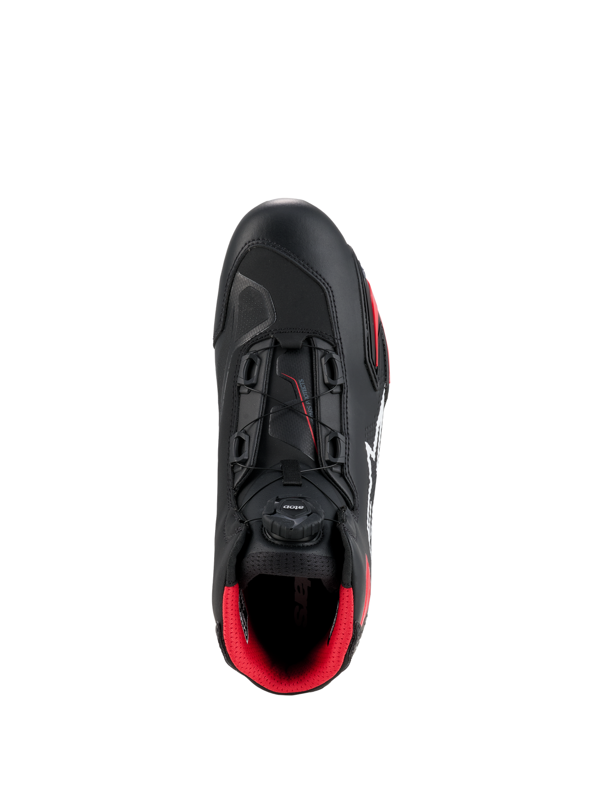 Alpinestars Celer Shoes, Black and Bright Red, top-down view highlighting the Rotor closure system dial, technical microfiber construction, and vibrant red interior lining, sport motorcycle riding shoes