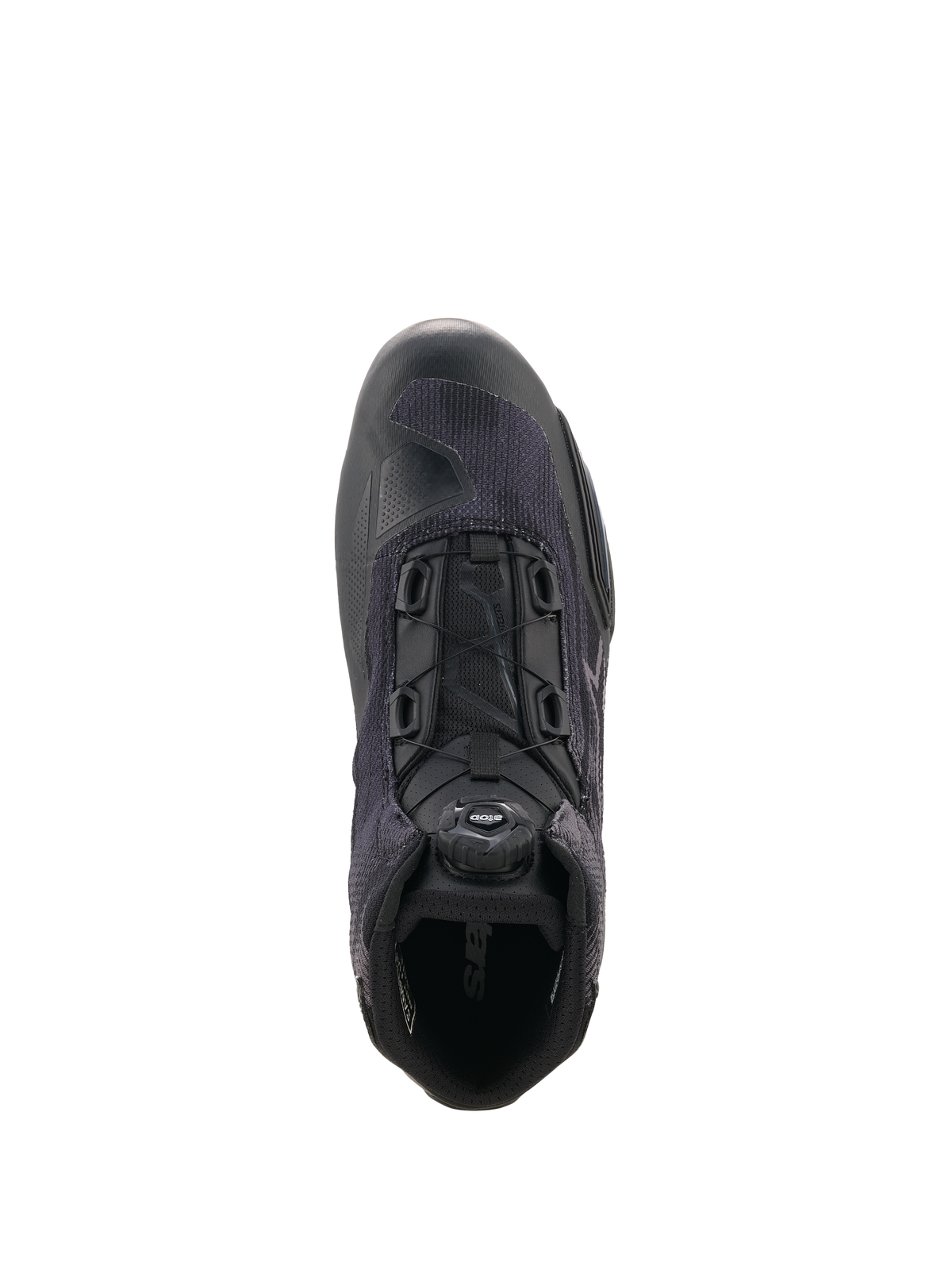 Alpinestars Celer Superair Shoes, Motorcycle Riding Shoes, Black and Dark Gray, top-down view highlighting the Rotor Closure System dial, breathable high-airflow textile construction, and protective synthetic reinforcements