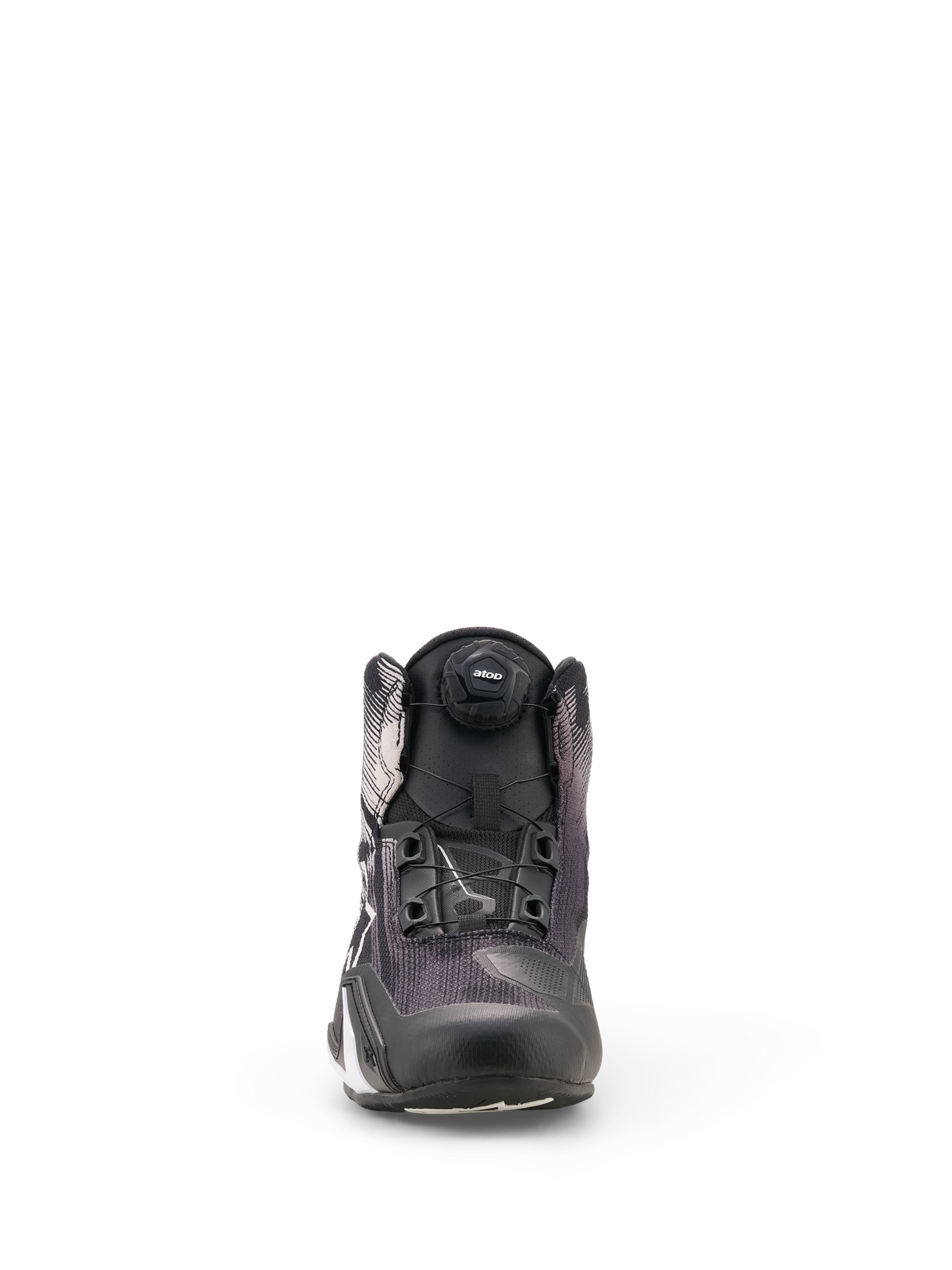 Sapatos Alpinestars Celer Superair, sapatos de motociclismo em preto e branco, vista frontal com destaque para o sistema de fecho rotor Atop na língua e a parte superior em malha técnica