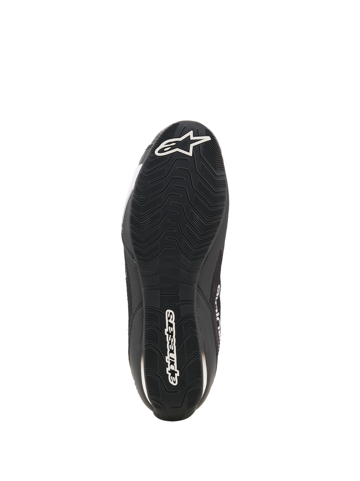 Sapatos Alpinestars Celer Superair, sapatos de motociclismo, pretos e brancos, vista inferior mostrando a sola de borracha resistente ao óleo com rasto texturizado, logótipo Alpinestars branco no calcanhar e nome da marca ao longo do centro para aderência e desempenho