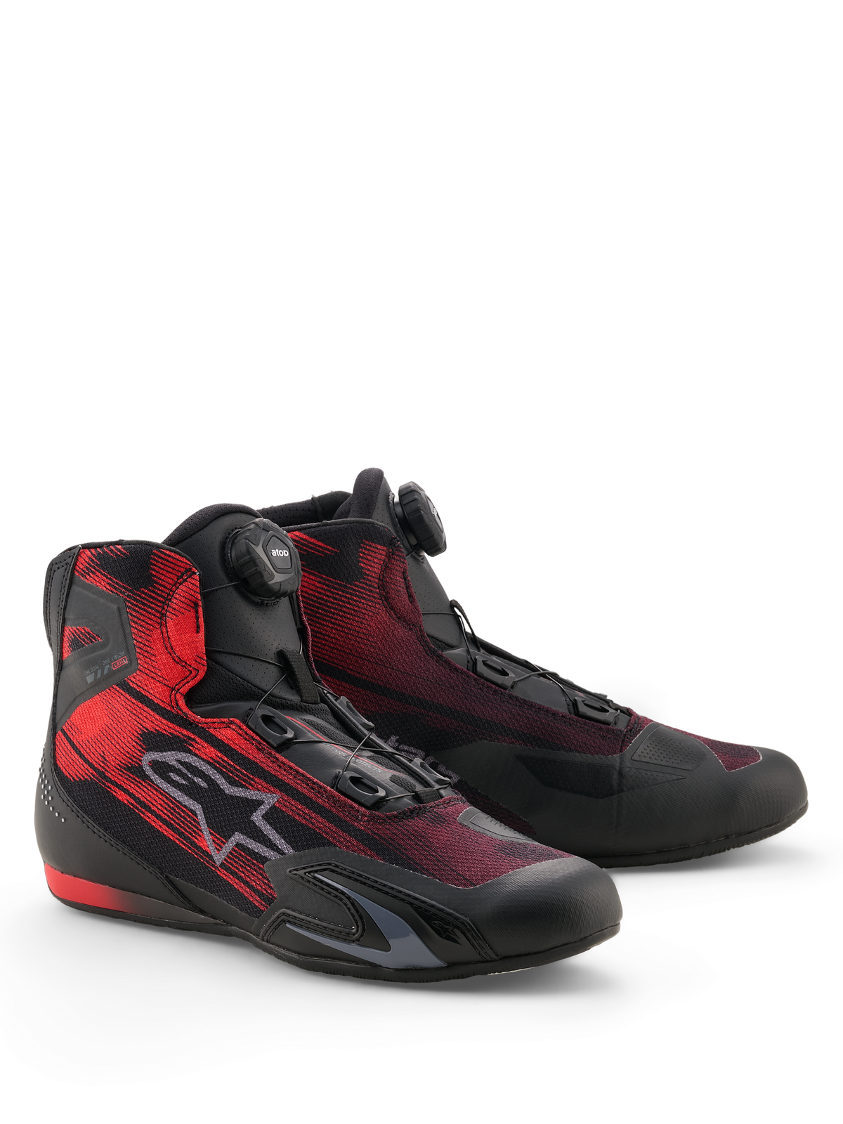 Sapatos Alpinestars Celer Superair, sapatos de motociclismo desportivo, pretos e vermelho brilhante, com o Sistema de Fecho Rotor da Alpinestars e parte superior em tecido respirável, design elegante com reforços em TPU e sola com aderência texturizada