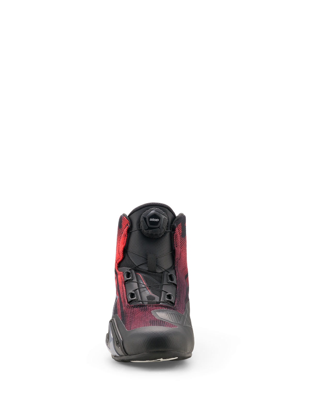 Sapatos Alpinestars Celer Superair, sapatos de motociclismo, pretos e vermelho brilhante, vista frontal com o mostrador do Sistema de Fecho Rotor e parte superior em tecido respirável de fluxo de ar com reforços de proteção