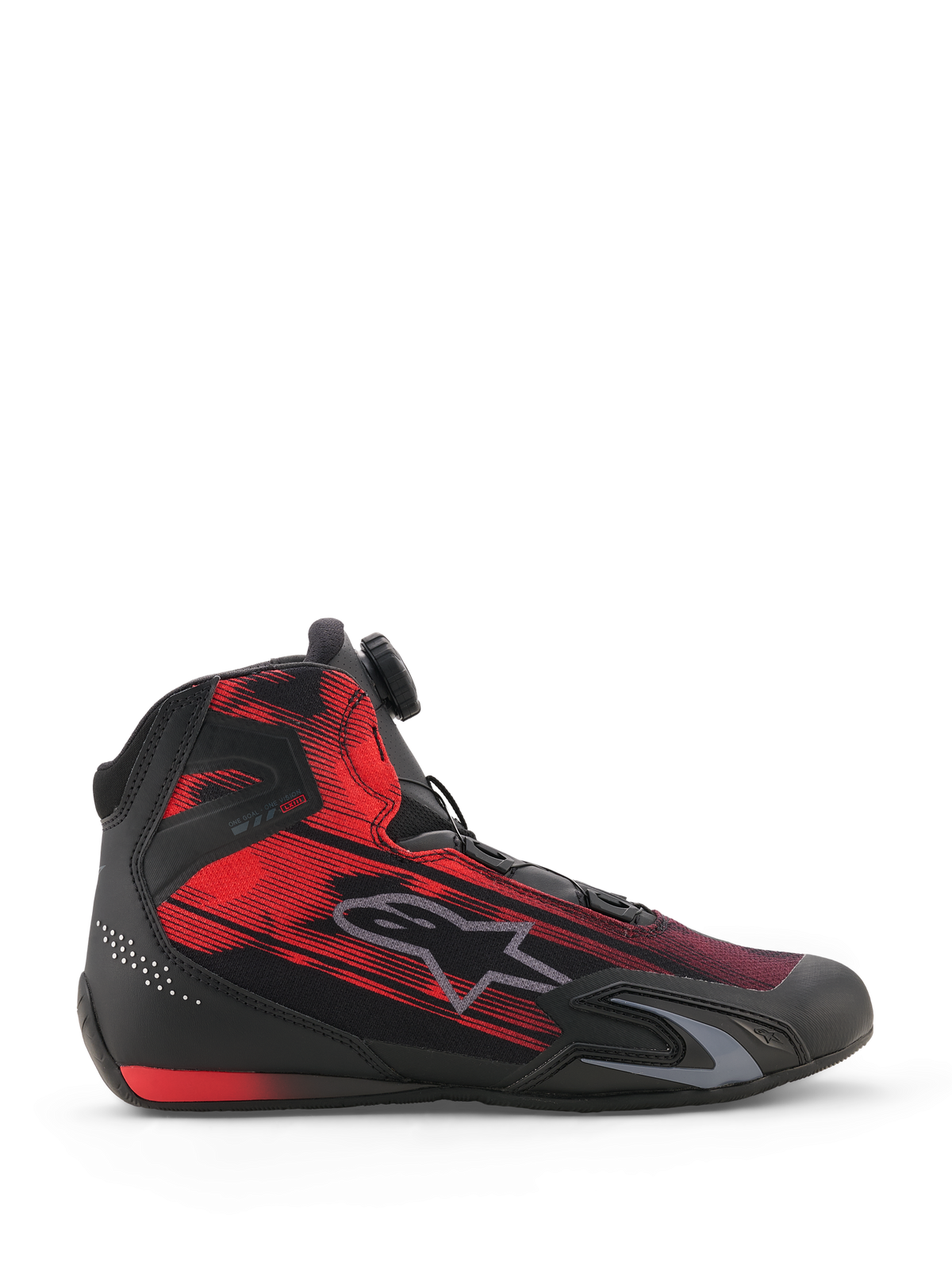 Sapatos Alpinestars Celer Superair, sapatos de motociclismo, preto e vermelho vivo, vista lateral com parte superior em tecido com grafismo estriado, logótipo Alpinestars cinzento e botão do Sistema de Fecho Rotor, calçado desportivo de performance para motociclistas