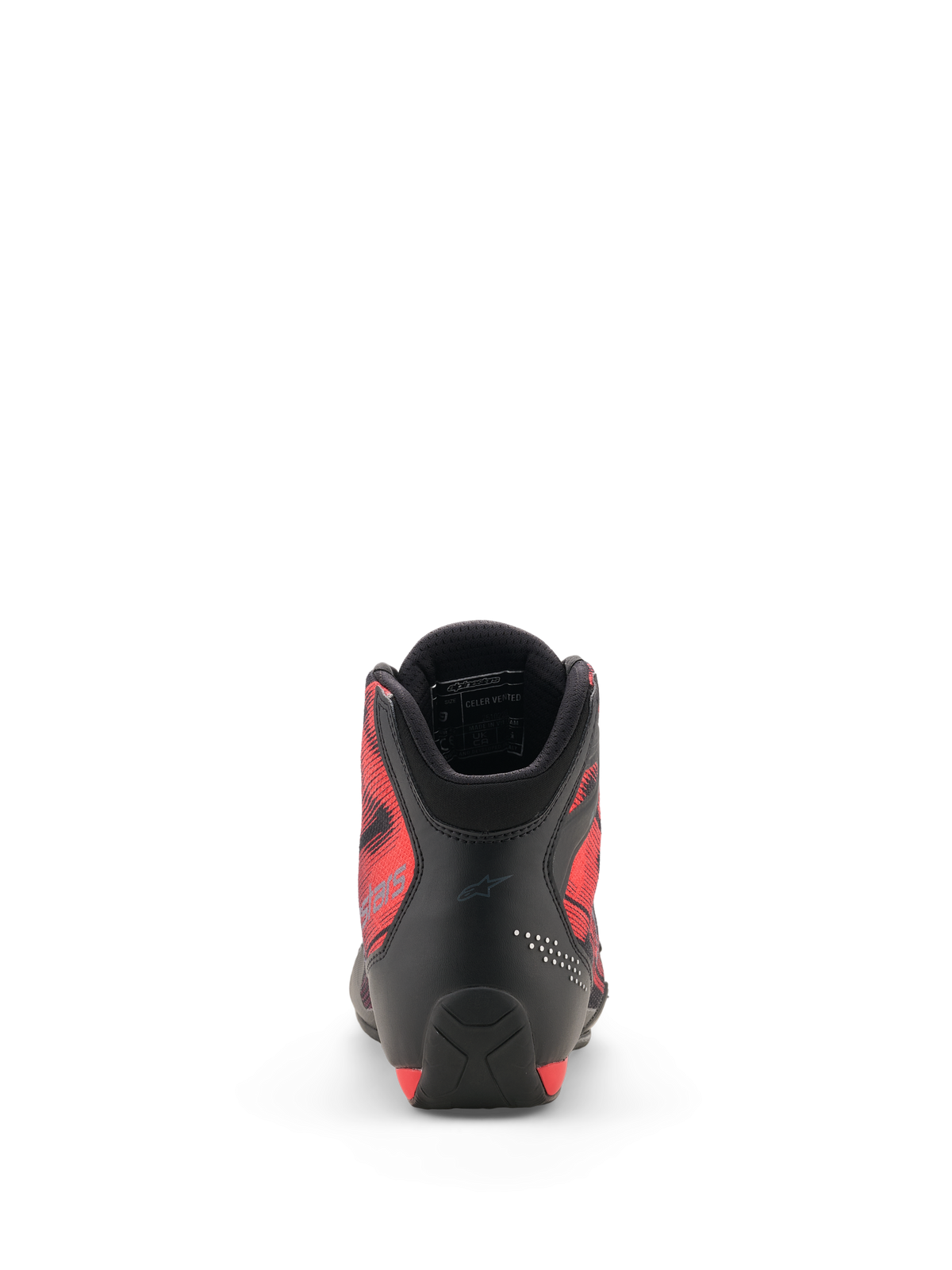 Sapatos Alpinestars Celer Superair, vista traseira, preto e vermelho vivo, com calcanhar em microfibra reforçada, painéis laterais em tecido respirável de fluxo de ar vermelho com design gráfico e gola almofadada com forro em malha 3D, calçado desportivo para motociclismo