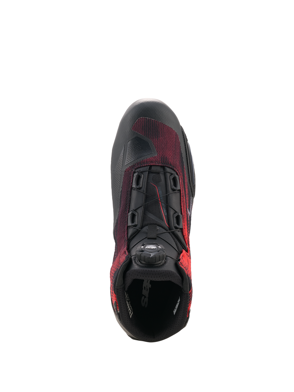 Sapatos Alpinestars Celer Superair, sapatos de motociclismo, pretos e vermelho brilhante, vista superior mostrando o disco do Sistema de Fecho Rotor, tecido respirável de fluxo de ar e construção reforçada para condução desportiva