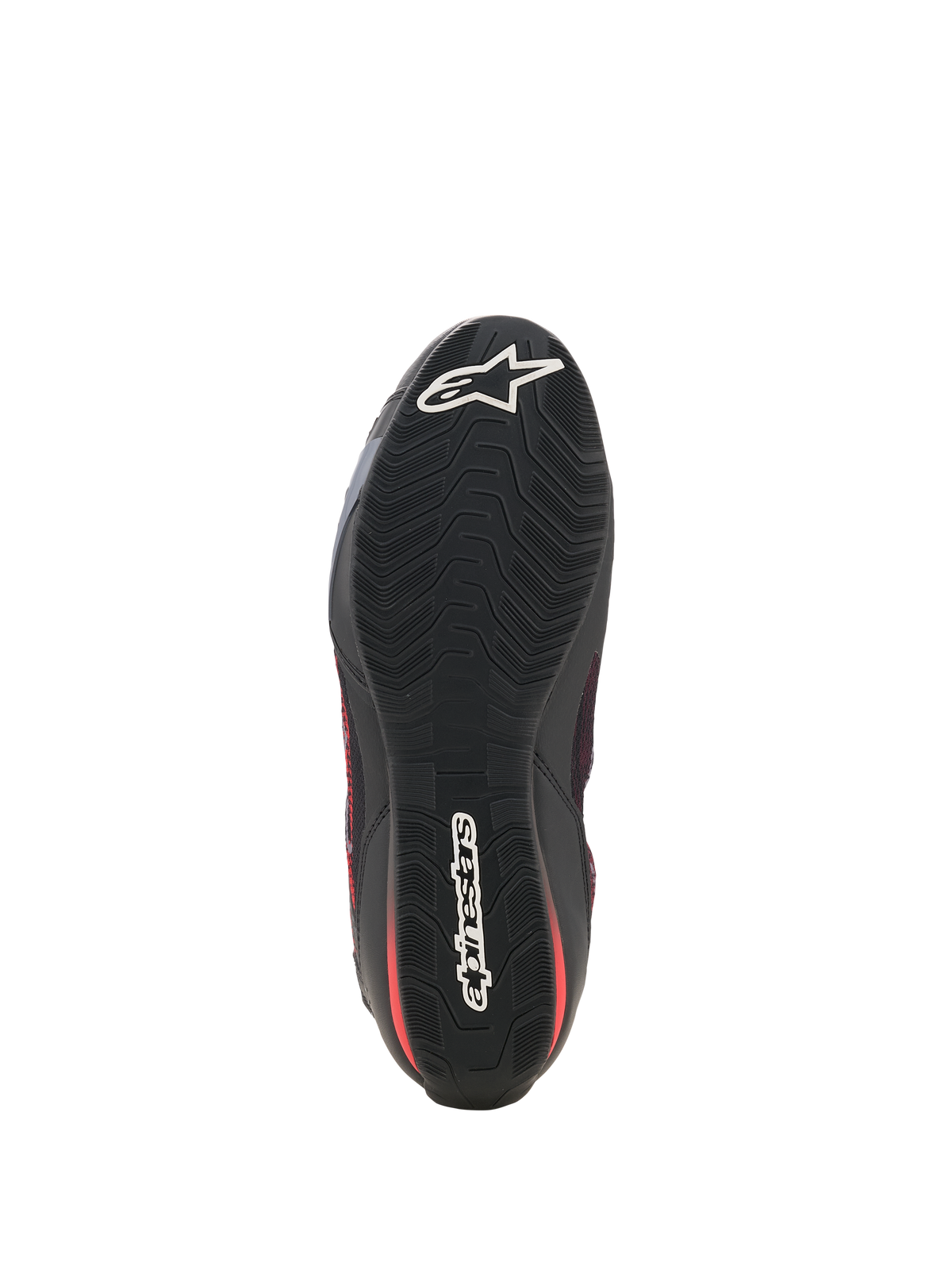 Sapatos Alpinestars Celer Superair, sapatos de motociclismo, pretos e vermelho vivo, vista inferior mostrando a sola de borracha preta resistente ao óleo com um padrão de aderência ondulado texturizado e logótipo Alpinestars branco na biqueira e no calcanhar