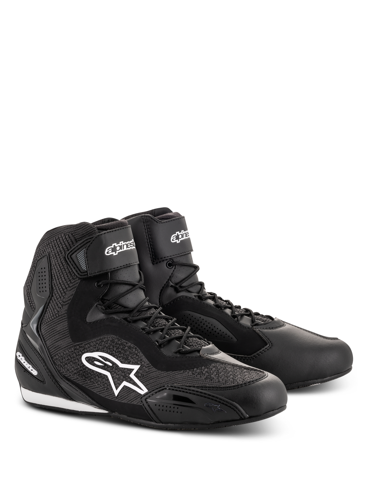 Alpinestars Faster-3 Rideknit® Shoes, Black motorcycle riding shoes, featuring knitted mesh panels and a microfiber chassis, white Alpinestars star logo on the side, laces with hook-and-loop ankle strap, designed for road racing and urban commuting.