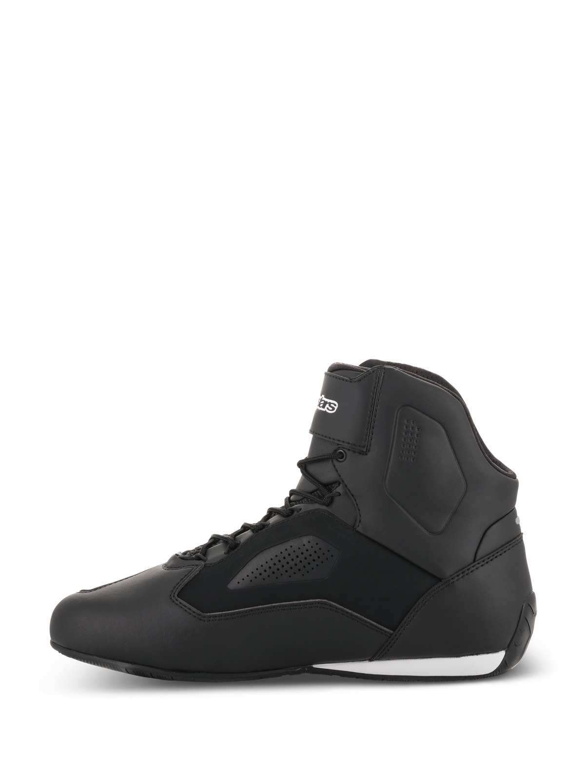 Alpinestars Faster-3 Rideknit® Shoes, Motorcycle Riding Shoes, Black, side profile view, features a lightweight microfiber upper with perforated panels, lace-up closure with a secure ankle strap, and sleek road racing design
