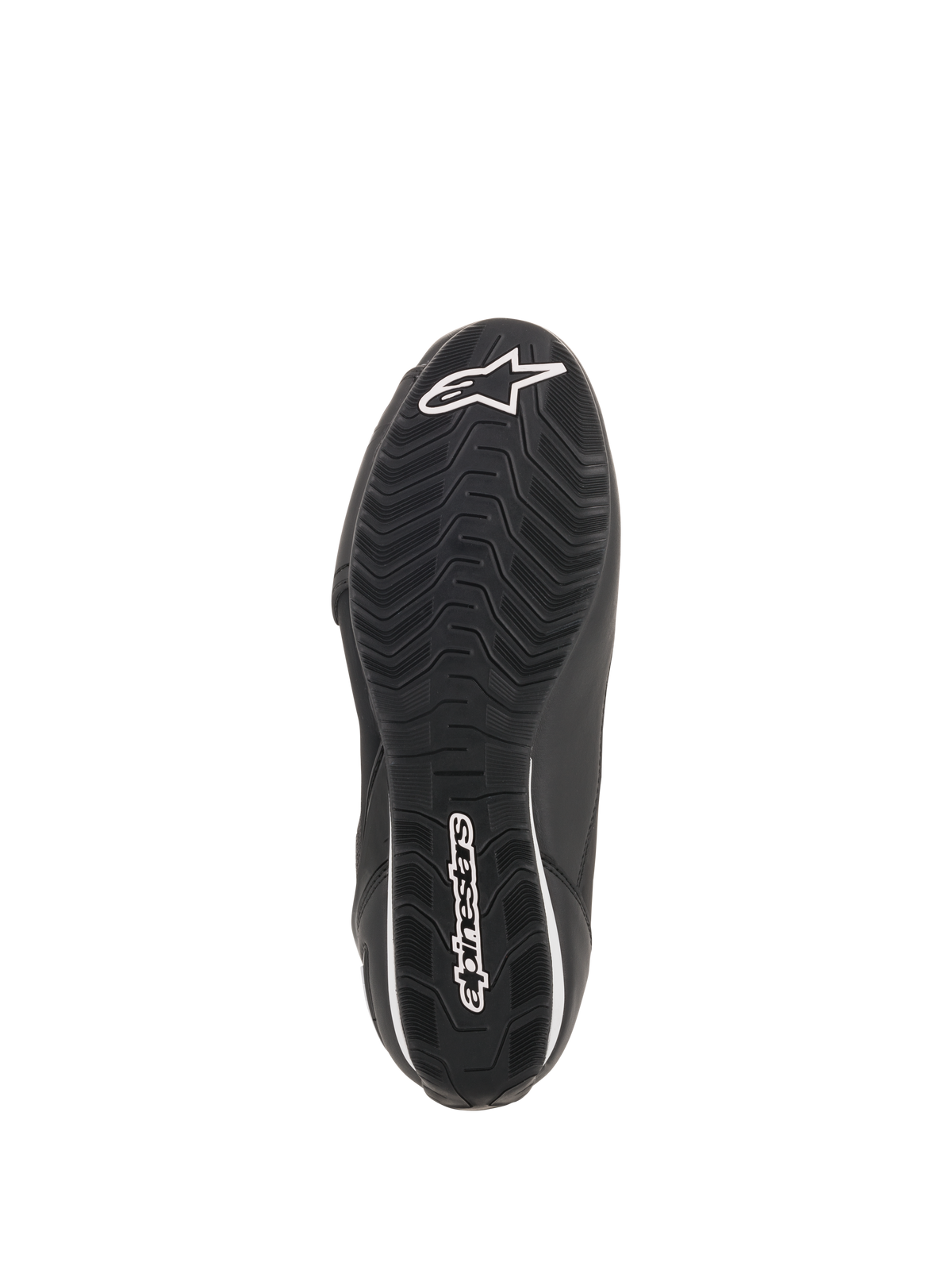 Alpinestars Faster-3 Rideknit® Shoes, Black, Bottom view of the sole featuring a textured wavy tread pattern, white Alpinestars logo and wordmark branding, performance motorcycle riding shoe