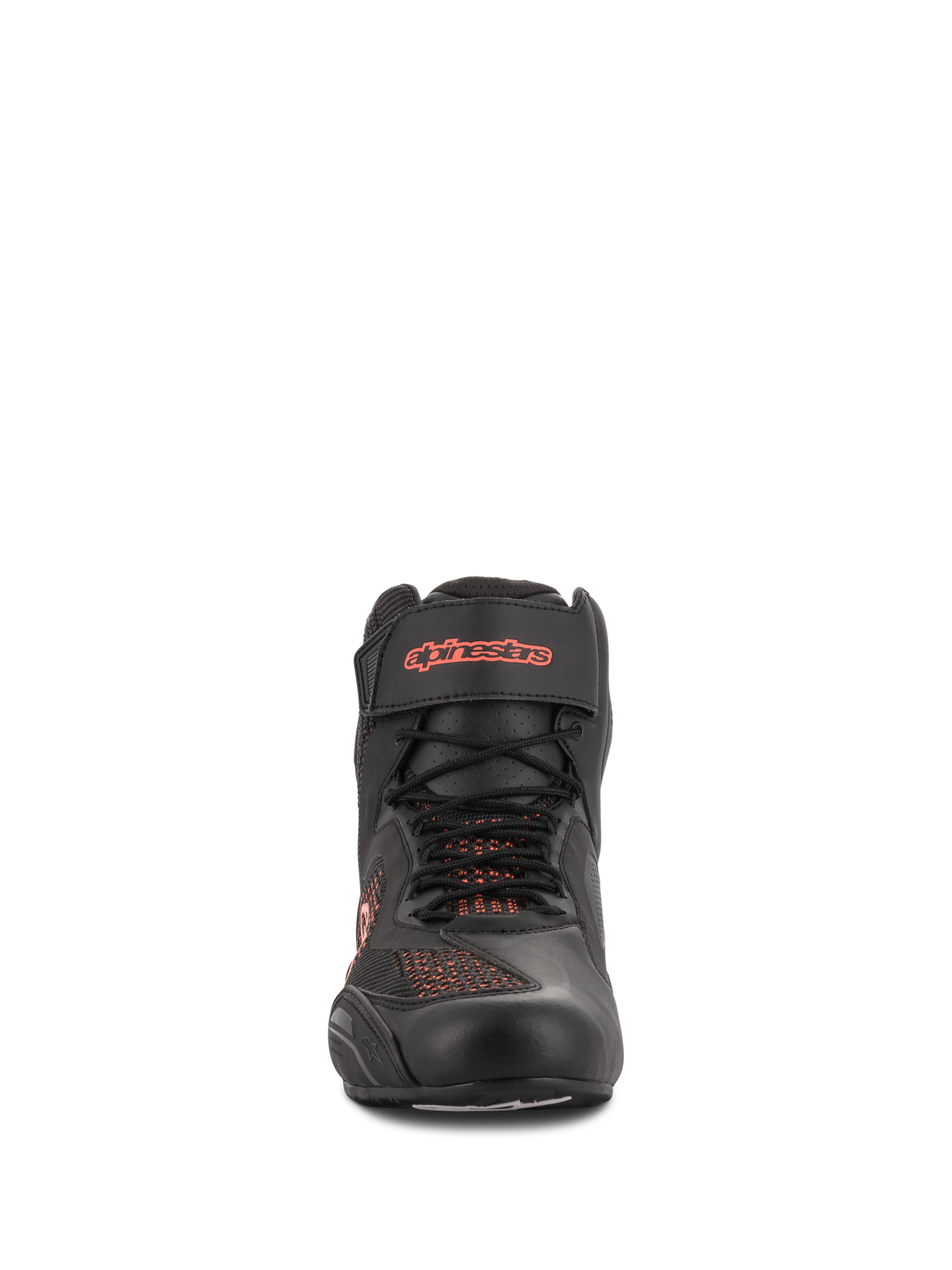 Sapatos Alpinestars Faster-3 Rideknit®, Preto e Vermelho Fluo, vista frontal, sapato de motociclismo com painéis em malha knit respirável e tira de velcro no tornozelo com logótipo vermelho