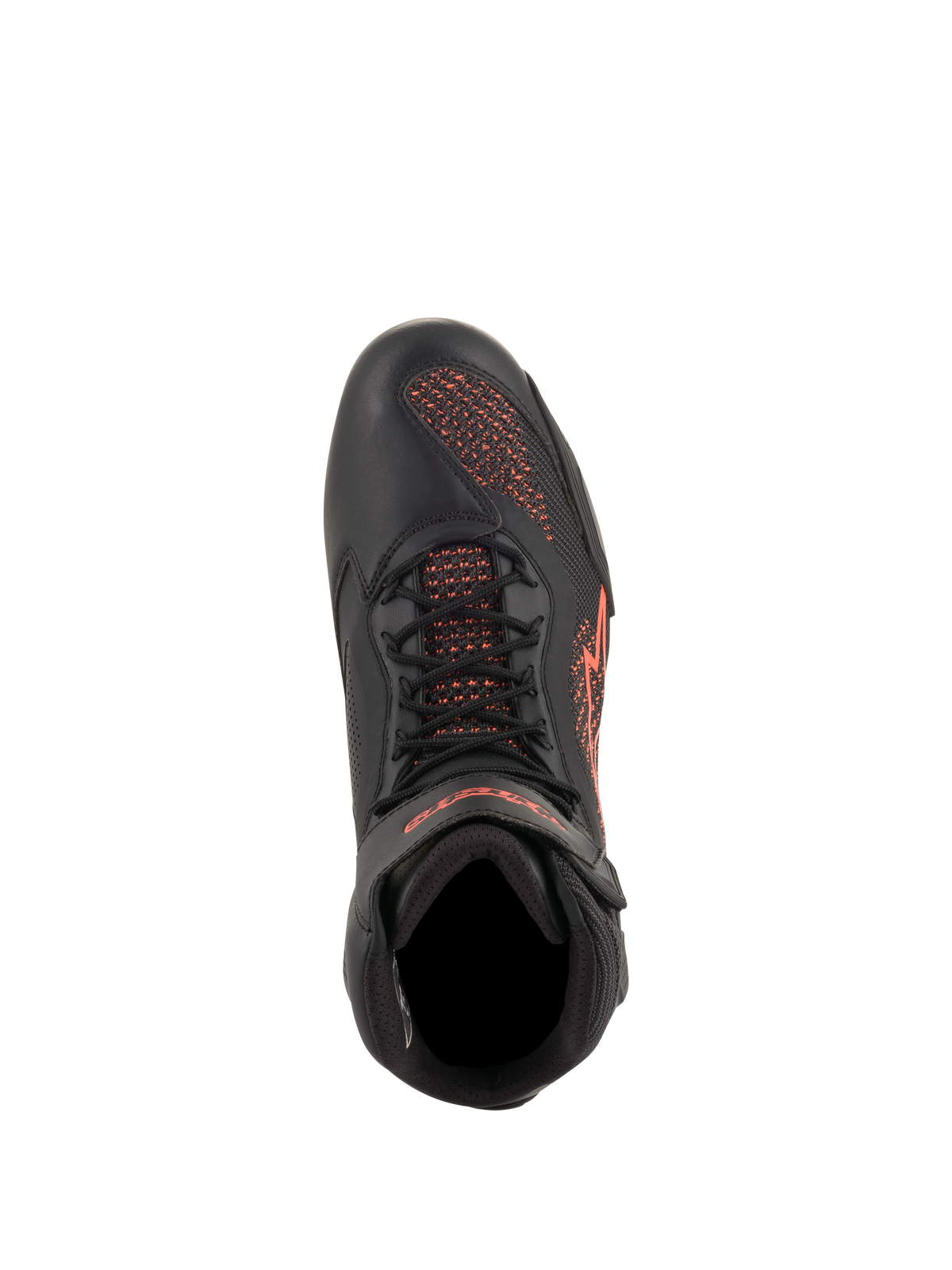 Alpinestars Faster-3 Rideknit® Shoes, sapatos de motociclismo, pretos e vermelho fluorescente, vista superior, com painéis de malha respirável e construção em microfibra com detalhes do logótipo em vermelho