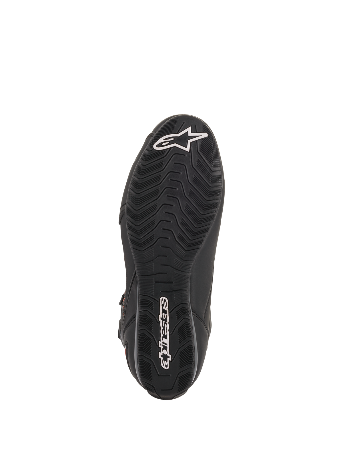 Alpinestars Faster-3 Rideknit® Shoes, sapatos de motociclismo pretos, vista da sola com um padrão de aderência texturizado e logótipos brancos da Alpinestars na biqueira e no calcanhar