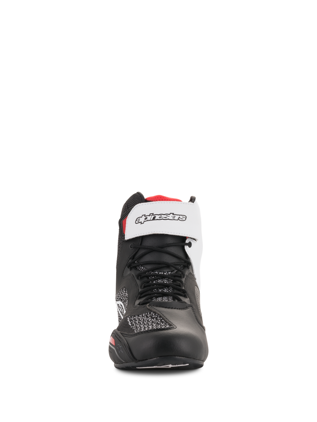 Sapatos Alpinestars Faster-3 Rideknit®, pretos, brancos e vermelhos, vista frontal, com atacadores pretos e tira de velcro branca no tornozelo com logótipo, parte superior em malha respirável e microfibra, calçado de performance para motociclismo