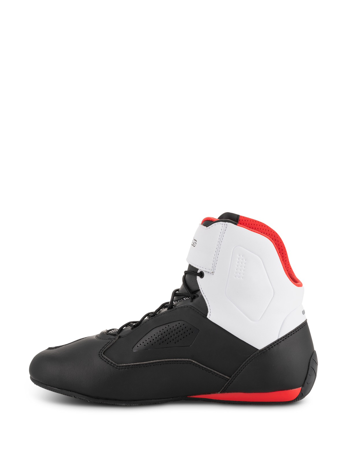 Sapatos Alpinestars Faster-3 Rideknit®, sapatos de motociclismo, pretos, brancos e vermelhos, perfil lateral com chassi inferior preto, painel do tornozelo branco, forro interior vermelho e detalhe da sola em vermelho no calcanhar, design elegante de corrida de estrada