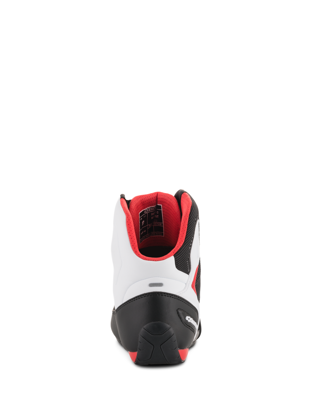Alpinestars Faster-3 Rideknit®, sapatos de motociclismo, preto, branco e vermelho, vista traseira mostrando o contraforte de calcanhar em TPR e o forro interior em malha vermelha, design desportivo de corrida de estrada com chassi de microfibra
