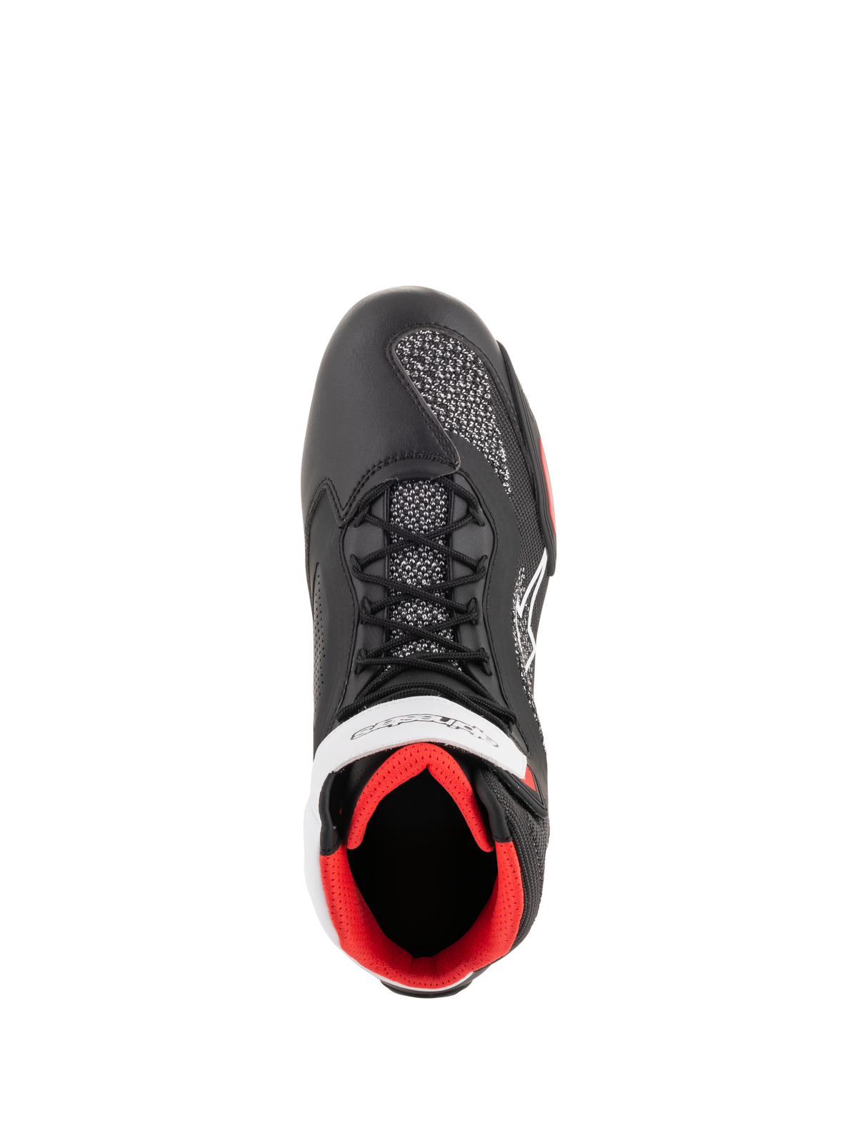Sapatos Alpinestars Faster-3 Rideknit®, sapatos de motociclismo, preto, branco e vermelho, vista superior com construção em microfibra preta, painéis de malha respirável, logótipo Alpinestars em branco e um forro interior em vermelho vivo