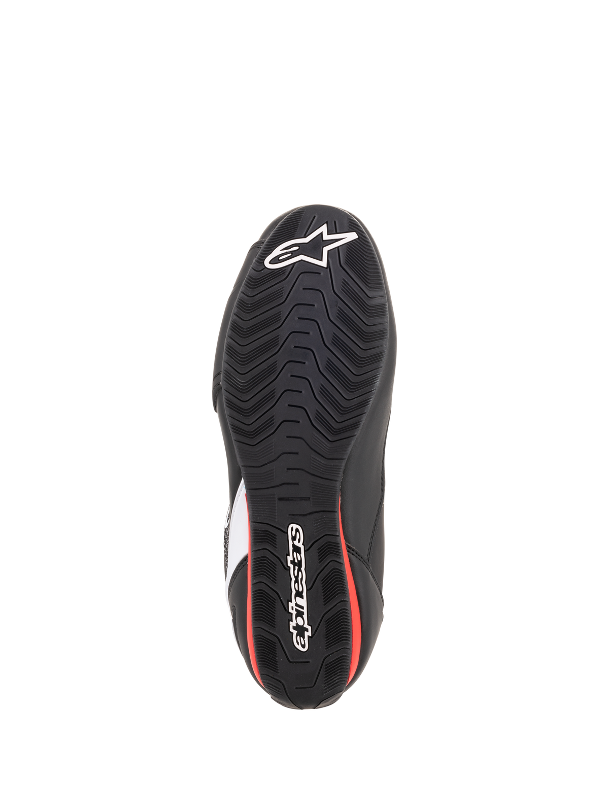 Sapatos Alpinestars Faster-3 Rideknit®, vista inferior da sola, pretos e vermelhos, sola exterior de borracha texturizada com logótipos da estrela e Alpinestars em branco, calçado de motociclismo para estrada