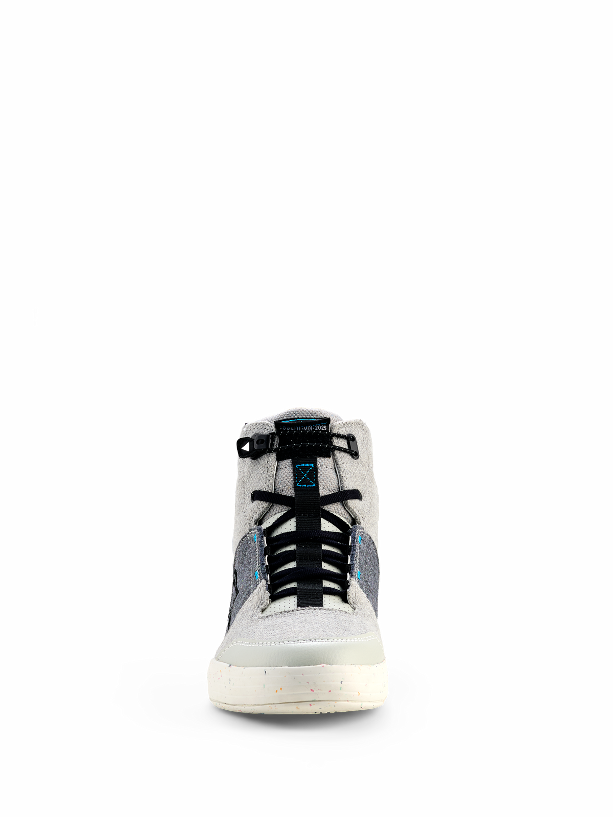 Alpinestars Circal Riding Shoes, cinzento, preto e azul Methyl, vista frontal de calçado urbano para motociclismo com design de cano alto, painéis em lona, atacadores elásticos pretos e sola esbranquiçada com salpicos
