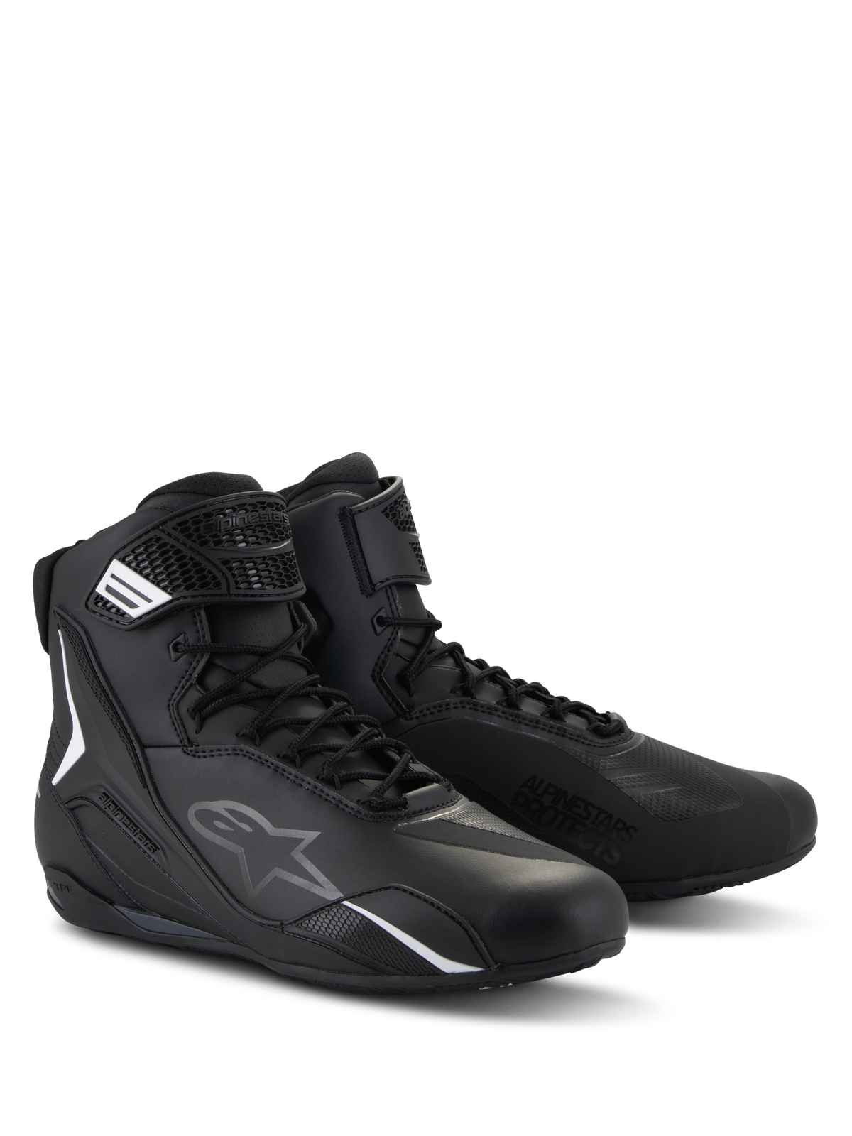 Alpinestars Faster-4 Shoes, Motorcycle Riding Shoes, Black, High-top design with lace closure and hook and loop strap, featuring white and gray logos, sleek microfiber construction for road riding
