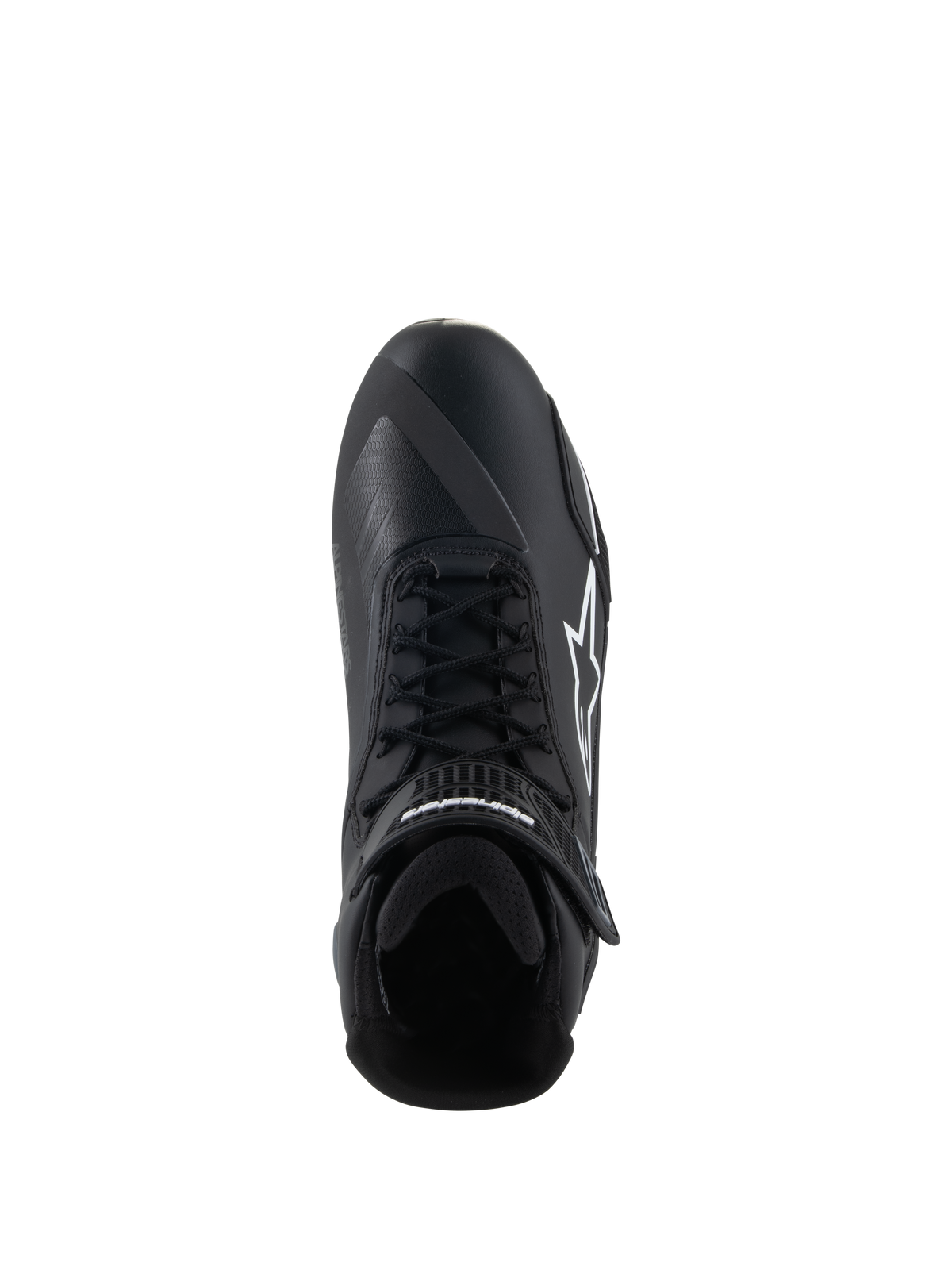 Alpinestars Faster-4 Shoes, Motorcycle Riding Shoes, Black and White, top-down view showing lace-up closure, hook-and-loop ankle strap, and white Alpinestars logo on the side