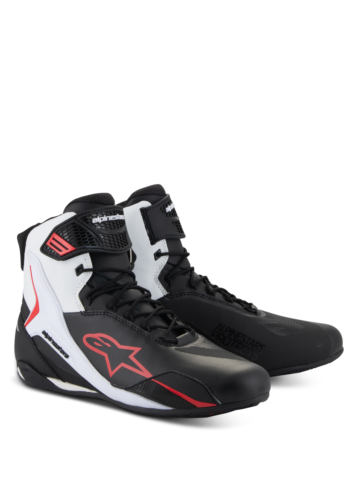 Alpinestars Faster-4 Shoes, Motorcycle Riding Shoes, Black White and Red, technical road riding footwear featuring an advanced microfiber upper, lace closure with a hook-and-loop ankle strap, prominent red Alpinestars logo, and protective TPR sliders.
