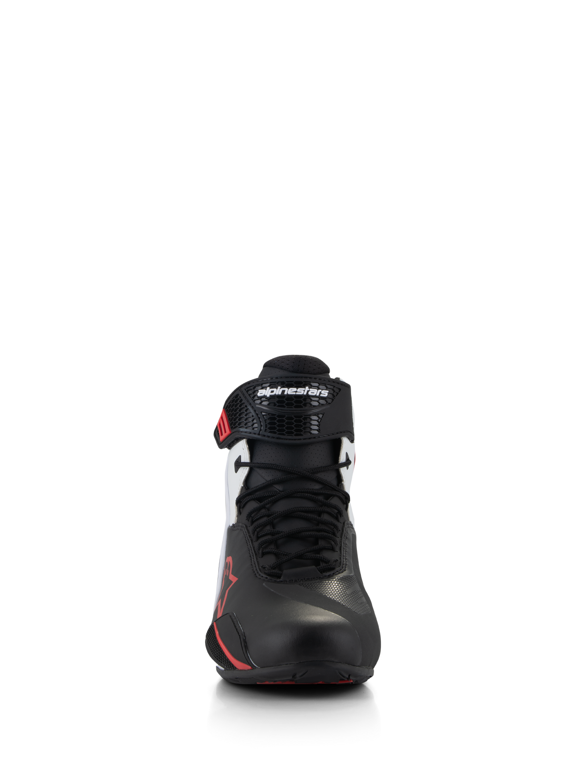 Alpinestars Faster-4 Shoes, motorcycle riding shoes, Black White and Red, front view showing traditional lace closure and ergonomic TPR ankle strap with Alpinestars logo, sleek microfiber upper with red accents