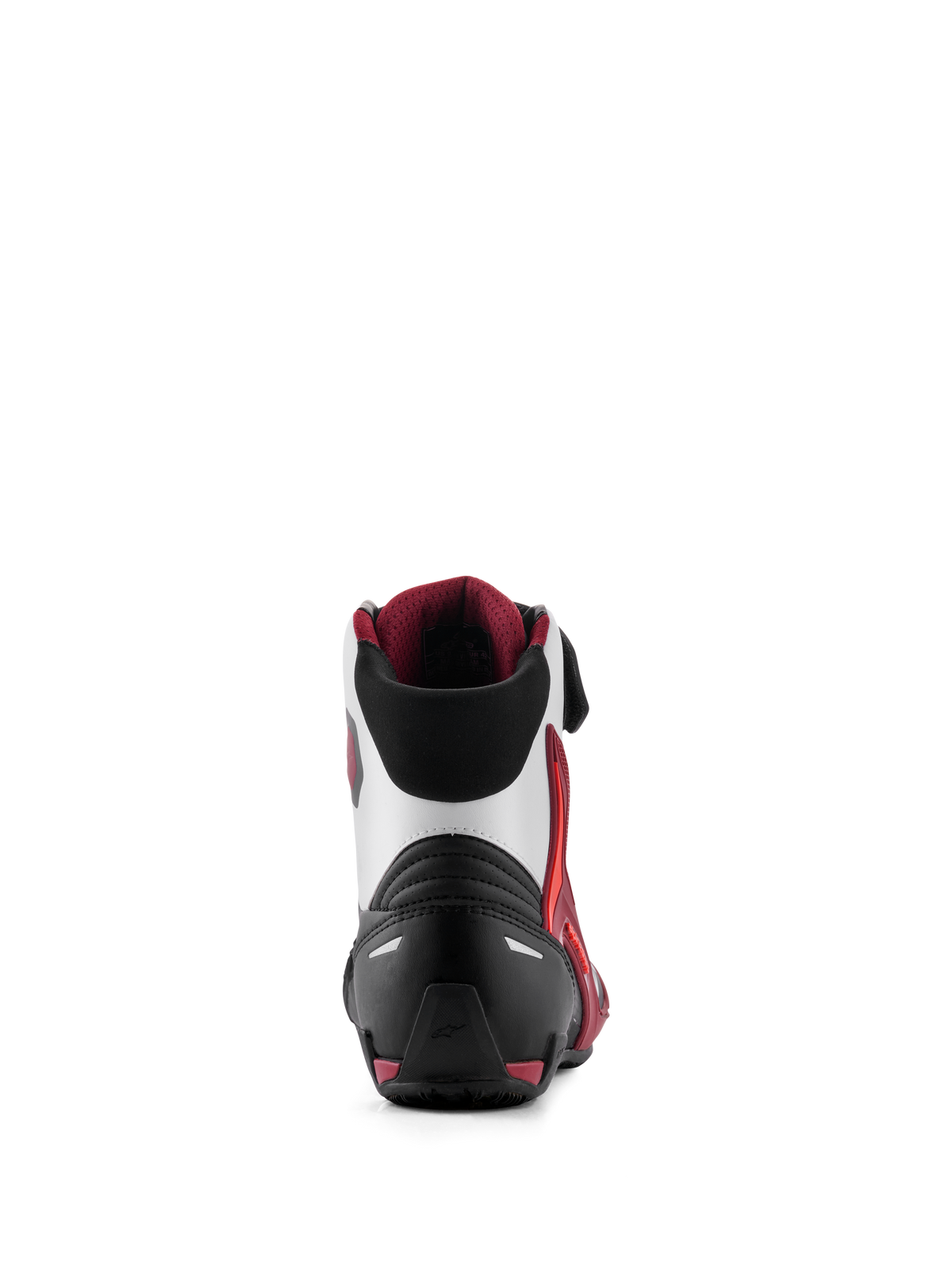 Sapatos Alpinestars Faster-4, sapatos de motociclismo, preto, branco e vermelho escuro, vista traseira com contraforte do calcanhar reforçado, suporte de tornozelo em TPU e colarinho em tecido macio, calçado de performance para condução em estrada