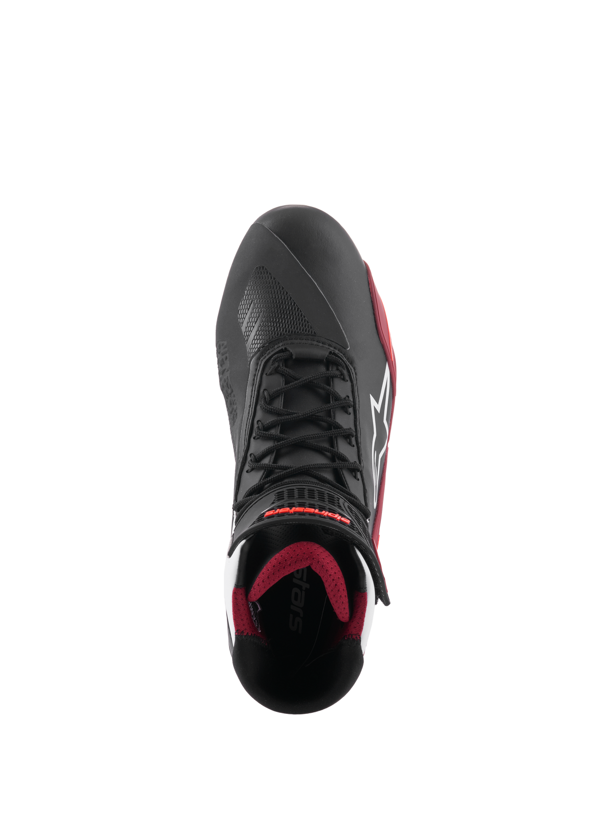 Sapatos Alpinestars Faster-4, sapatos de motociclismo, pretos, brancos e vermelho escuro, vista superior com fecho de atacadores tradicional, logótipo da estrela Alpinestars em branco e forro interior acolchoado em vermelho escuro
