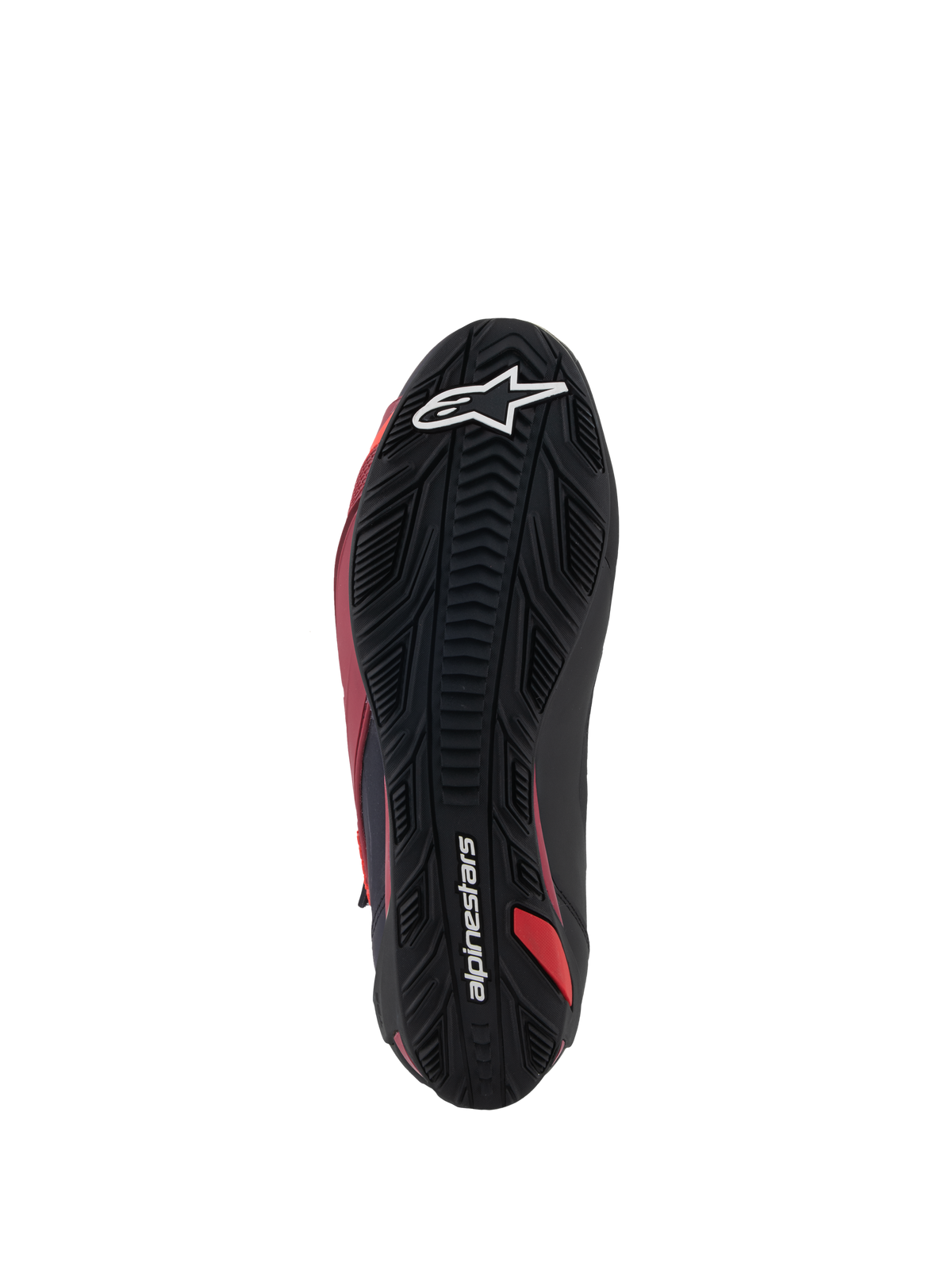 Sapatos Alpinestars Faster-4, sapatos de motociclismo, pretos, brancos e vermelho escuro, vista inferior da sola de borracha texturizada, com logótipo de estrela branca e logótipo Alpinestars, padrão de aderência duradouro para condução de estrada de alta performance