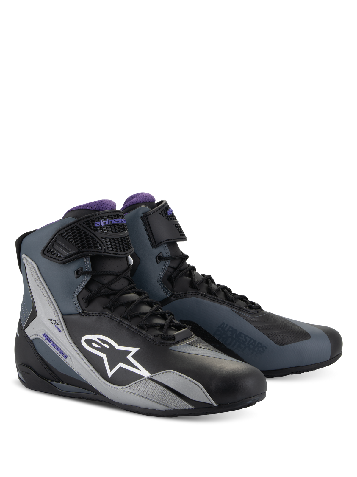 Alpinestars Stella Faster-4 Women's Motorcycle Riding Shoes, Black Gray Violet, technical high-top design with laces.