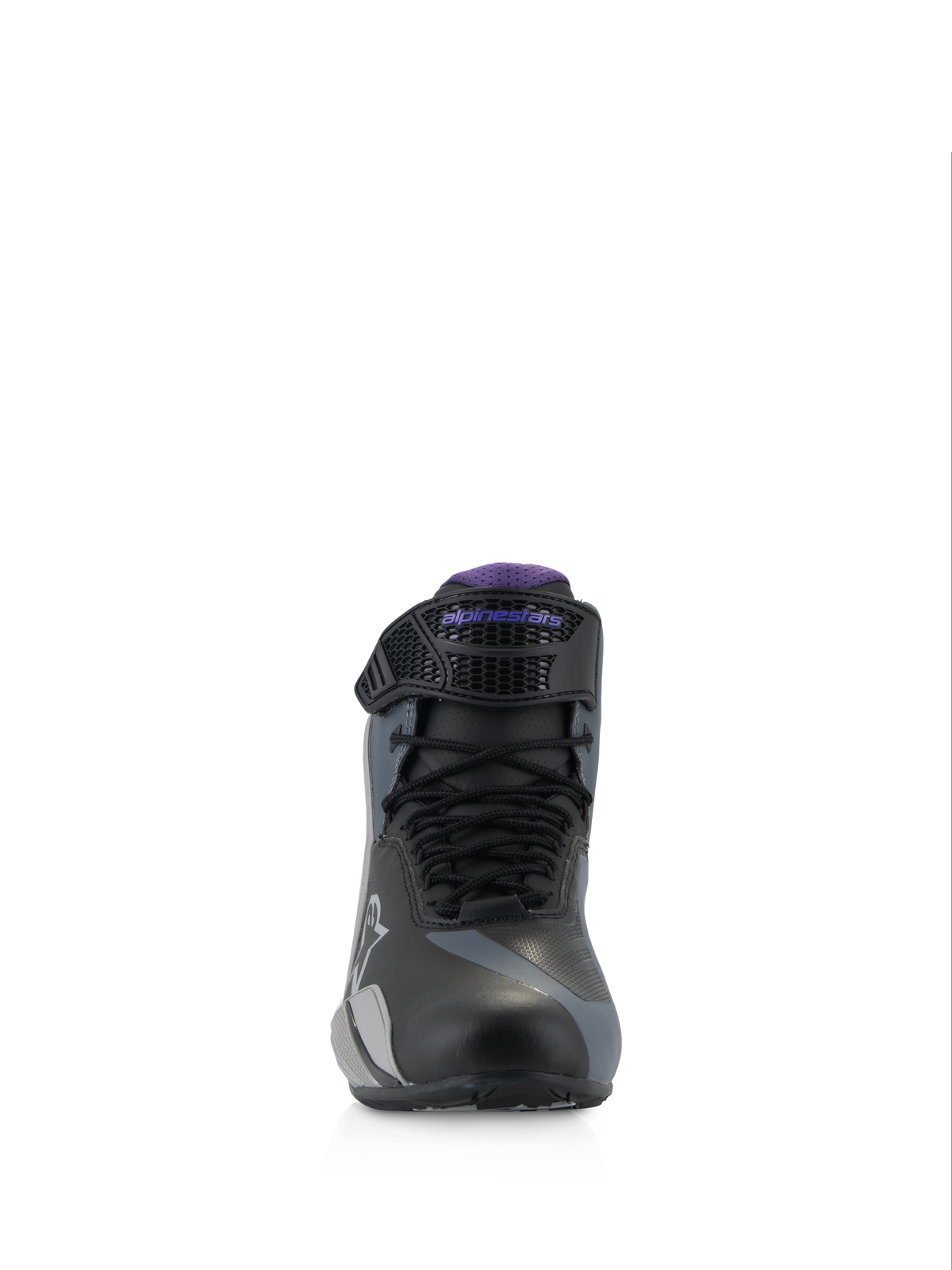 Alpinestars Stella Faster-4 Women's Road Riding Shoes, Black Gray Violet, front view with laces and adjustable strap.