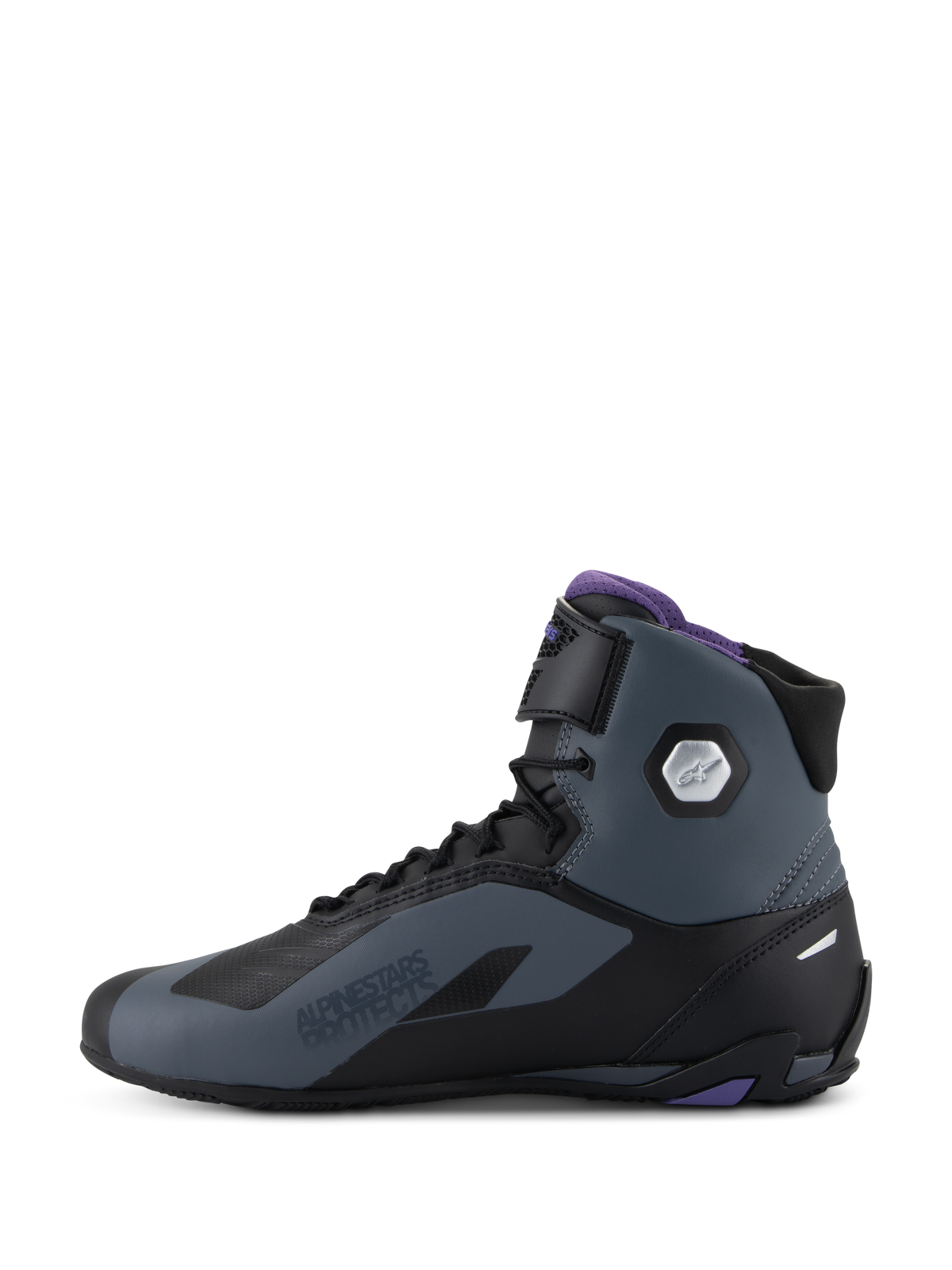 Alpinestars Stella Faster-4 Women's High-Top Riding Shoes, Black and Gray with Violet accents and ankle protection.