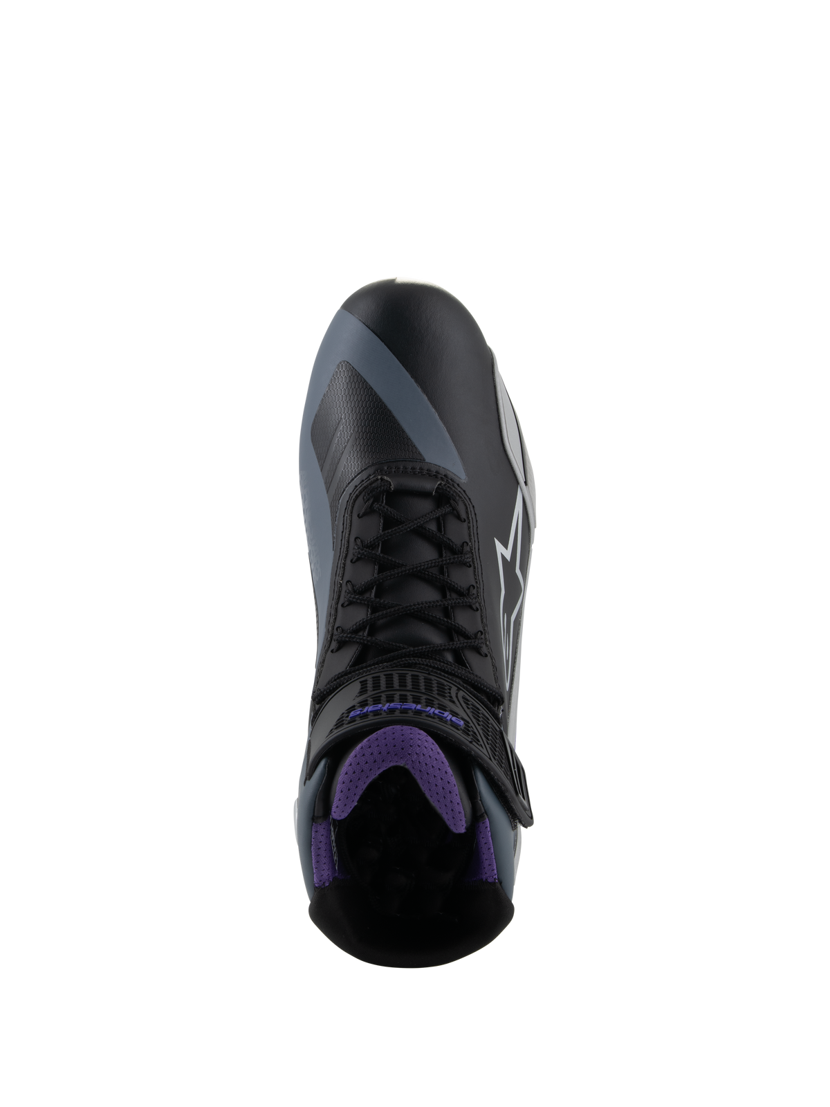 Alpinestars Stella Faster-4 Women's Riding Shoes, Black and Violet, top-down view showing laces and mesh interior.