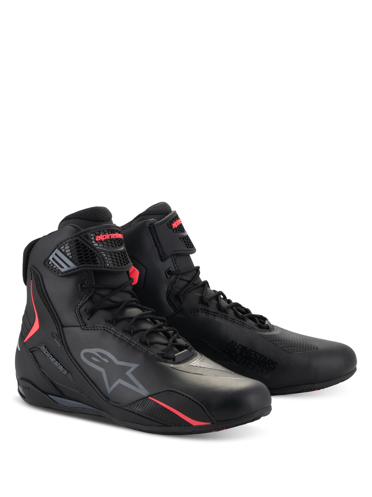 Alpinestars Stella Faster-4 Shoes, sapatos de condução de motociclismo para mulher, preto e rosa Diva, design técnico de cano alto com fecho de atacadores e correia ajustável, com o logótipo Alpinestars e detalhes em rosa vibrante, calçado de proteção elegante para condução em estrada