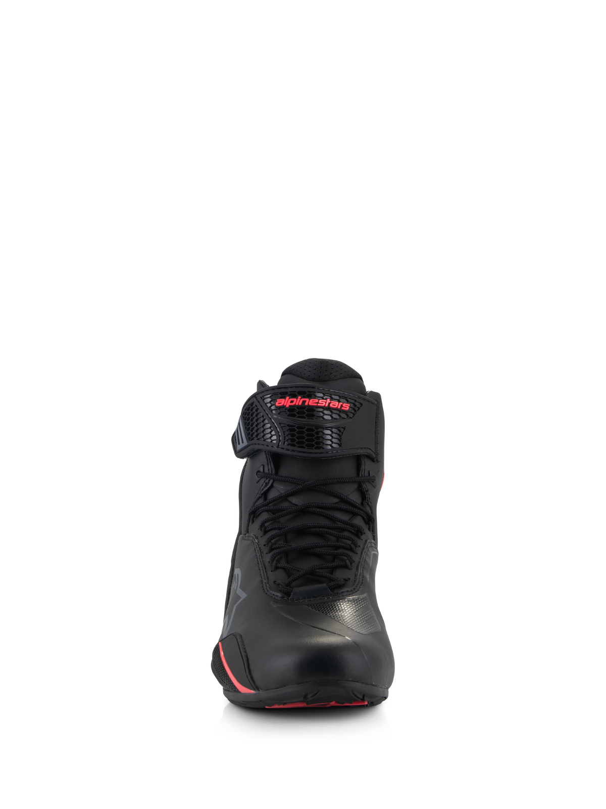 Sapatos Alpinestars Stella Faster-4 para Mulher, sapatos de motociclismo femininos, pretos e cor-de-rosa Diva, vista frontal com atacadores pretos, correia de tornozelo ajustável com logótipo cor-de-rosa e construção elegante em microfibra