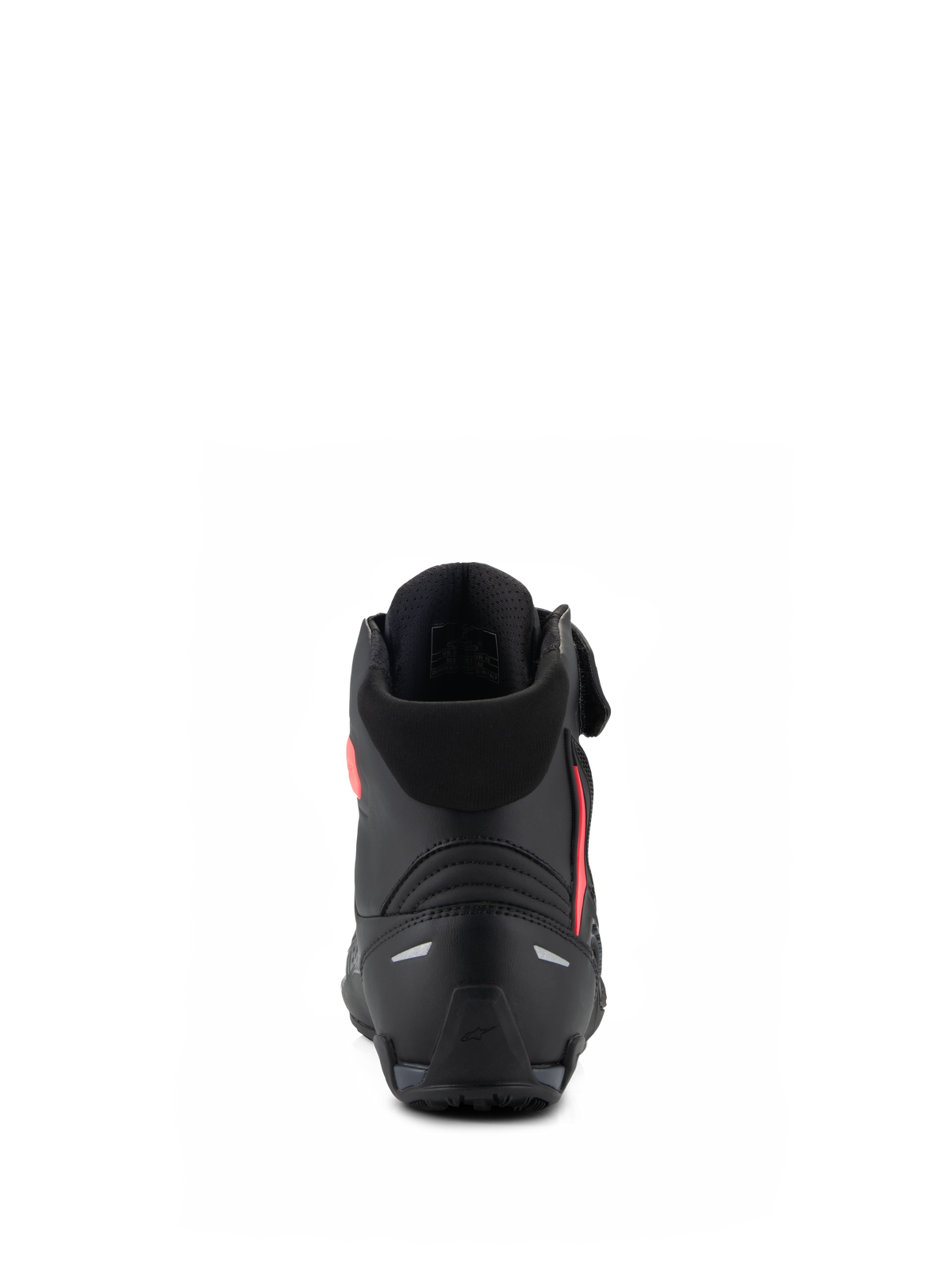 Sapatos Femininos Alpinestars Stella Faster-4, pretos e rosa diva, vista traseira destacando o contraforte do calcanhar reforçado, o colarinho têxtil macio e o design ergonómico elegante para condução de motociclismo de performance.