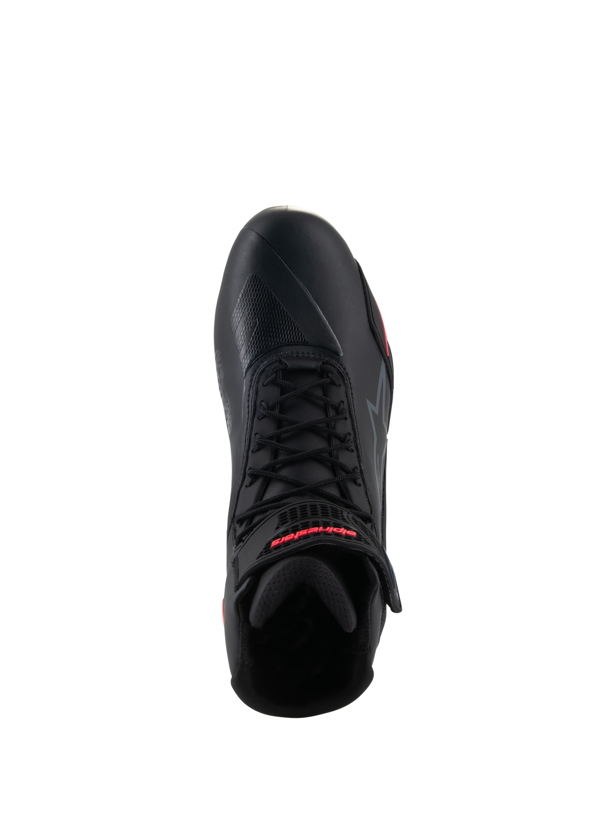 Sapatos Alpinestars Stella Faster-4 Femininos, preto e Diva Pink, vista superior de um único sapato de motociclismo, com atacadores pretos, correia de tornozelo com logótipo a vermelho e cabedal em microfibra elegante
