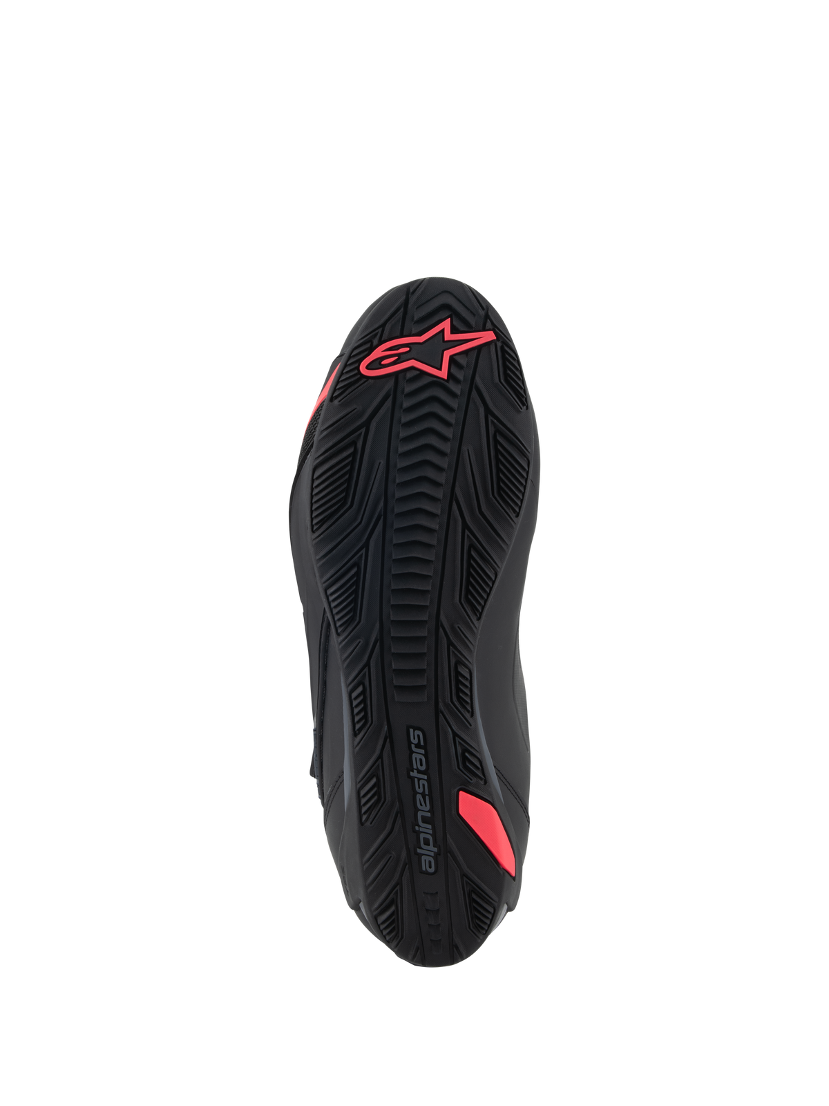 Sapatos Alpinestars Stella Faster-4, vista inferior da sola, Preto e Diva Pink, com padrão de aderência em borracha texturizada, logótipo Alpinestars no calcanhar, haste integrada para suporte e sola exterior durável para condução de motociclos