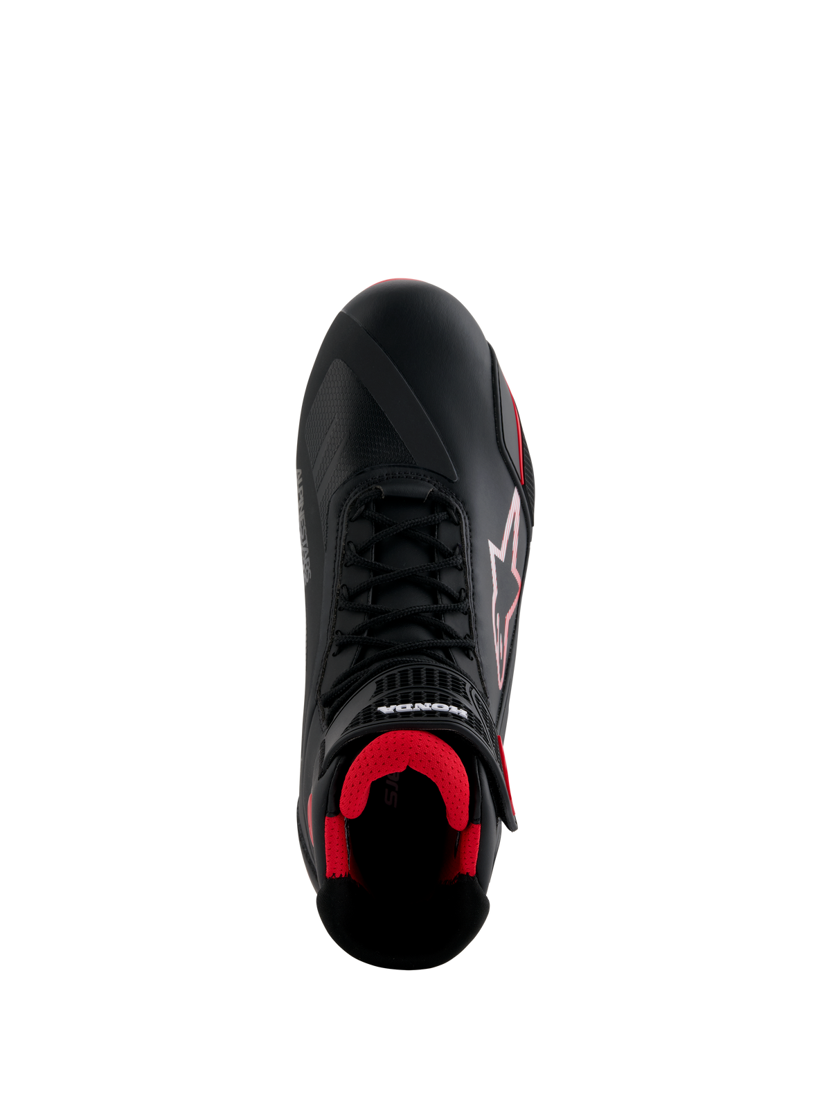 Sapatos Alpinestars Honda Faster-4, sapatos de motociclismo, pretos e vermelhos, vista superior com parte superior em microfibra preta, interior em malha vermelha, atacadores pretos tradicionais e logótipos Alpinestars e Honda