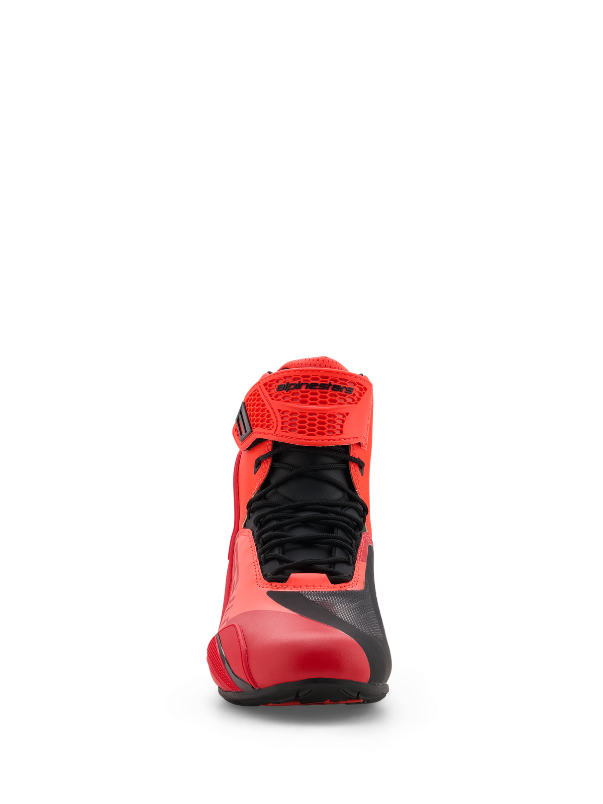 Alpinestars MM93 Faster-4 Shoes, Motorcycle Riding Shoes, Red Fluo and Bright Red with Black accents, front-facing view featuring black laces, a red adjustable TPR strap with Alpinestars branding, and lightweight microfiber construction.
