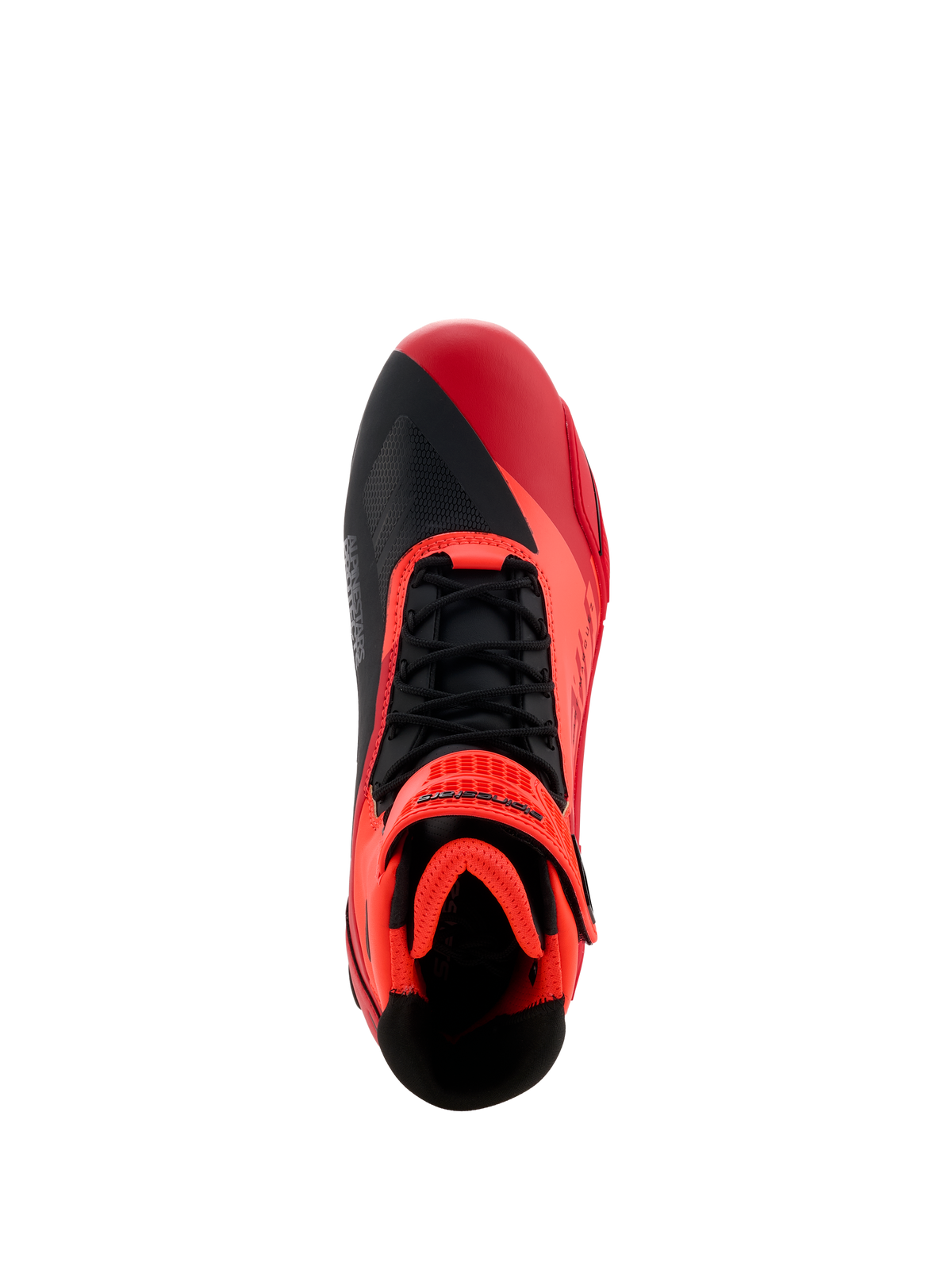 Alpinestars MM93 Faster-4 Shoes, Motorcycle Riding Shoes, Red Fluo Bright Red and Black, top-down view featuring black laces and red hook-and-loop strap, asymmetric toe design, and padded interior for sport riding.