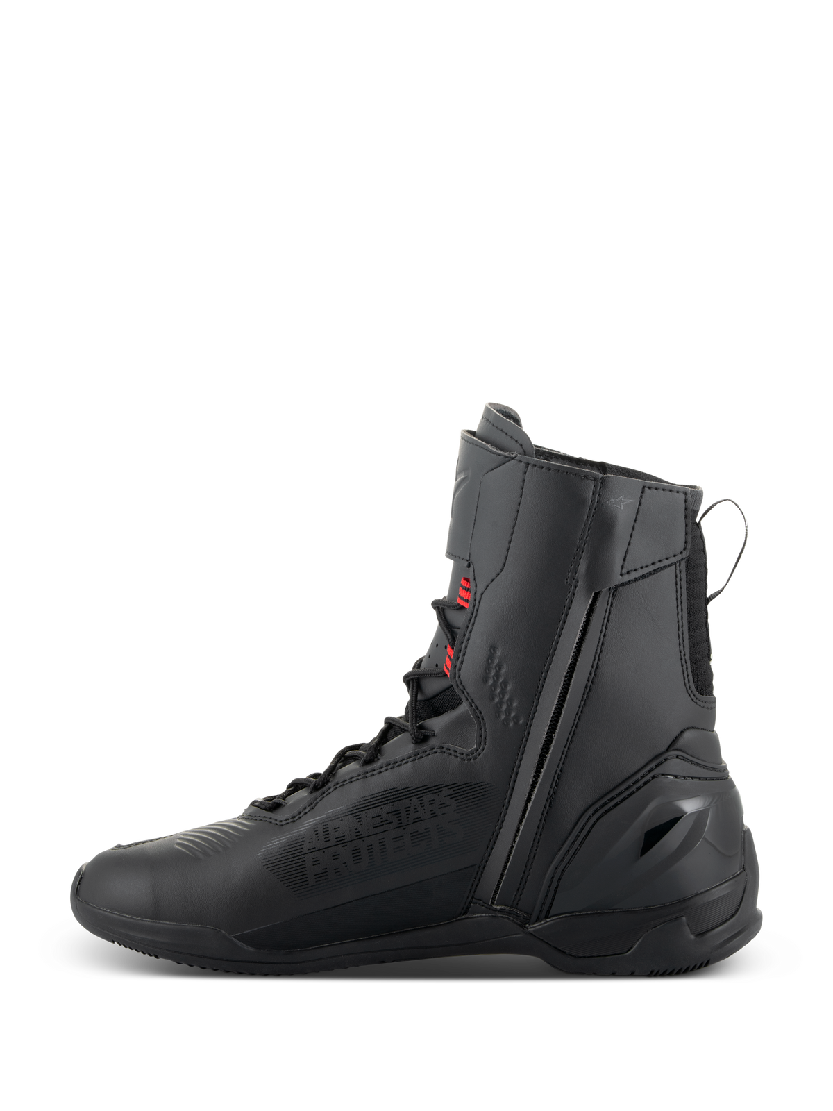 Sapatos Alpinestars Superfaster, sapatos de motociclismo, preto, cinzento e vermelho brilhante, perfil de cano alto com fecho de correr lateral medial e atacadores rápidos, construção em microfibra técnica e Rideknit para condução em estrada de alto desempenho