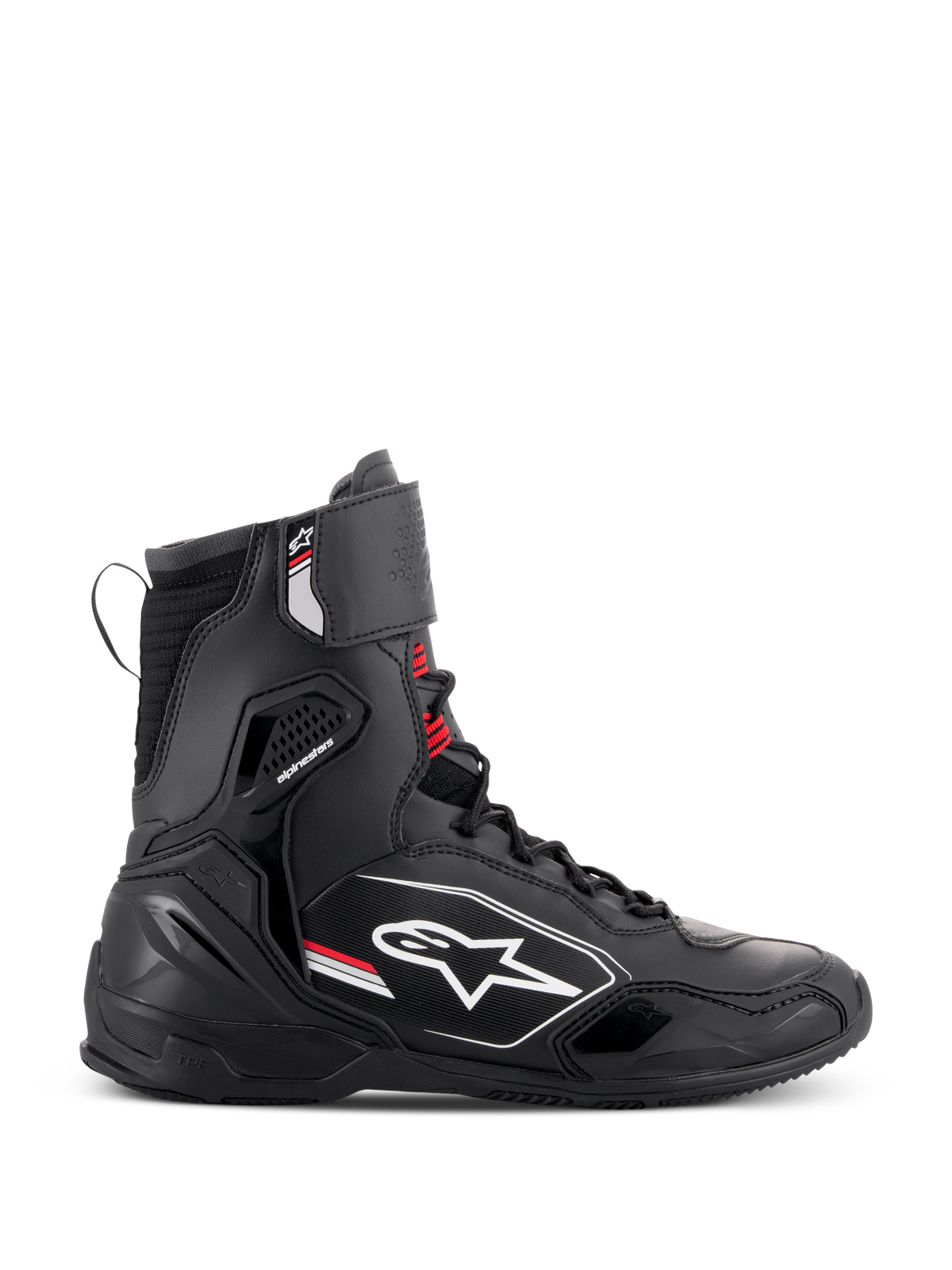 Sapatos Alpinestars Superfaster, sapatos de cano alto para motociclismo, preto, cinzento e vermelho brilhante, vista de perfil lateral com o logótipo branco da Alpinestars, proteção reforçada no tornozelo e calcanhar, sistema de atacadores com tira superior.