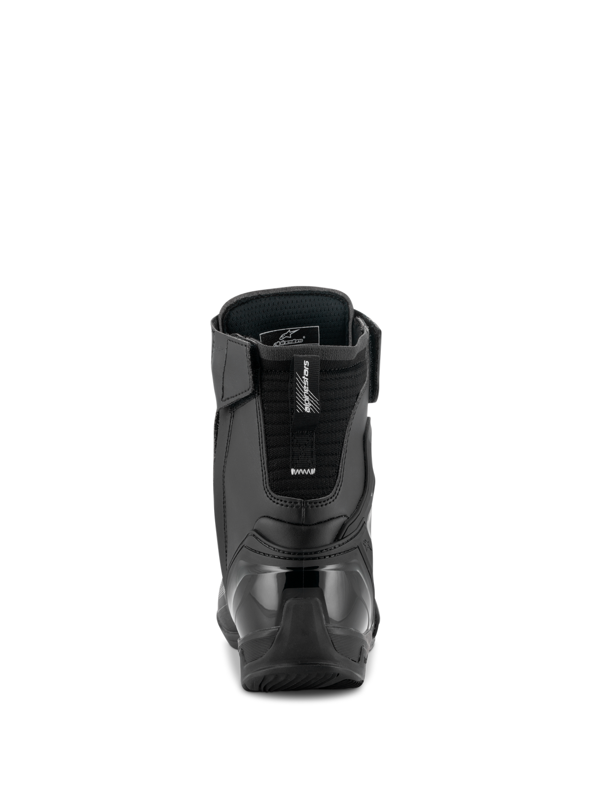Sapatos Alpinestars Superfaster, preto, cinzento e vermelho brilhante, vista traseira que mostra o contraforte do calcanhar reforçado em TPU e a extensão do tendão de Aquiles, sapato técnico de cano alto para motociclismo com painéis de microfibra