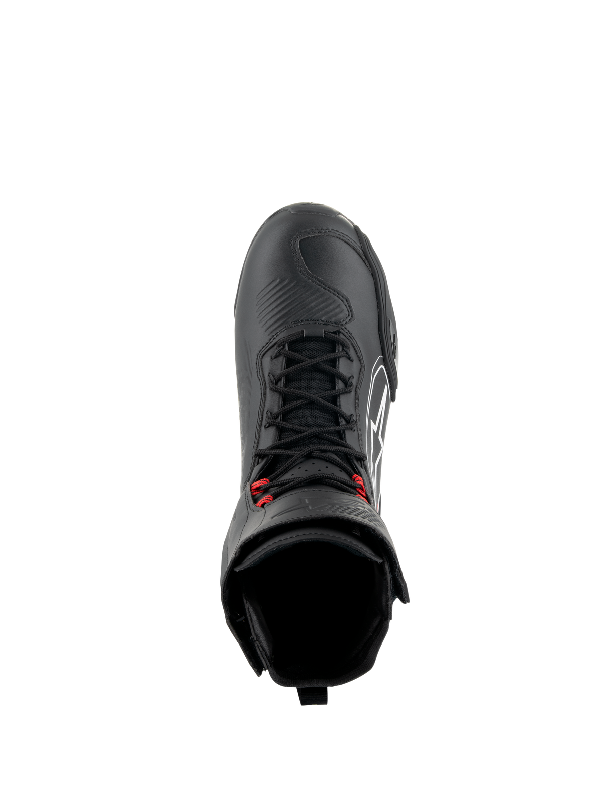 Sapatos Alpinestars Superfaster, sapatos de motociclismo em preto, cinzento e vermelho brilhante, vista superior com atacadores rápidos pretos e pormenores vermelhos, biqueira reforçada e cano alto, calçado técnico para condução em estrada e desportiva