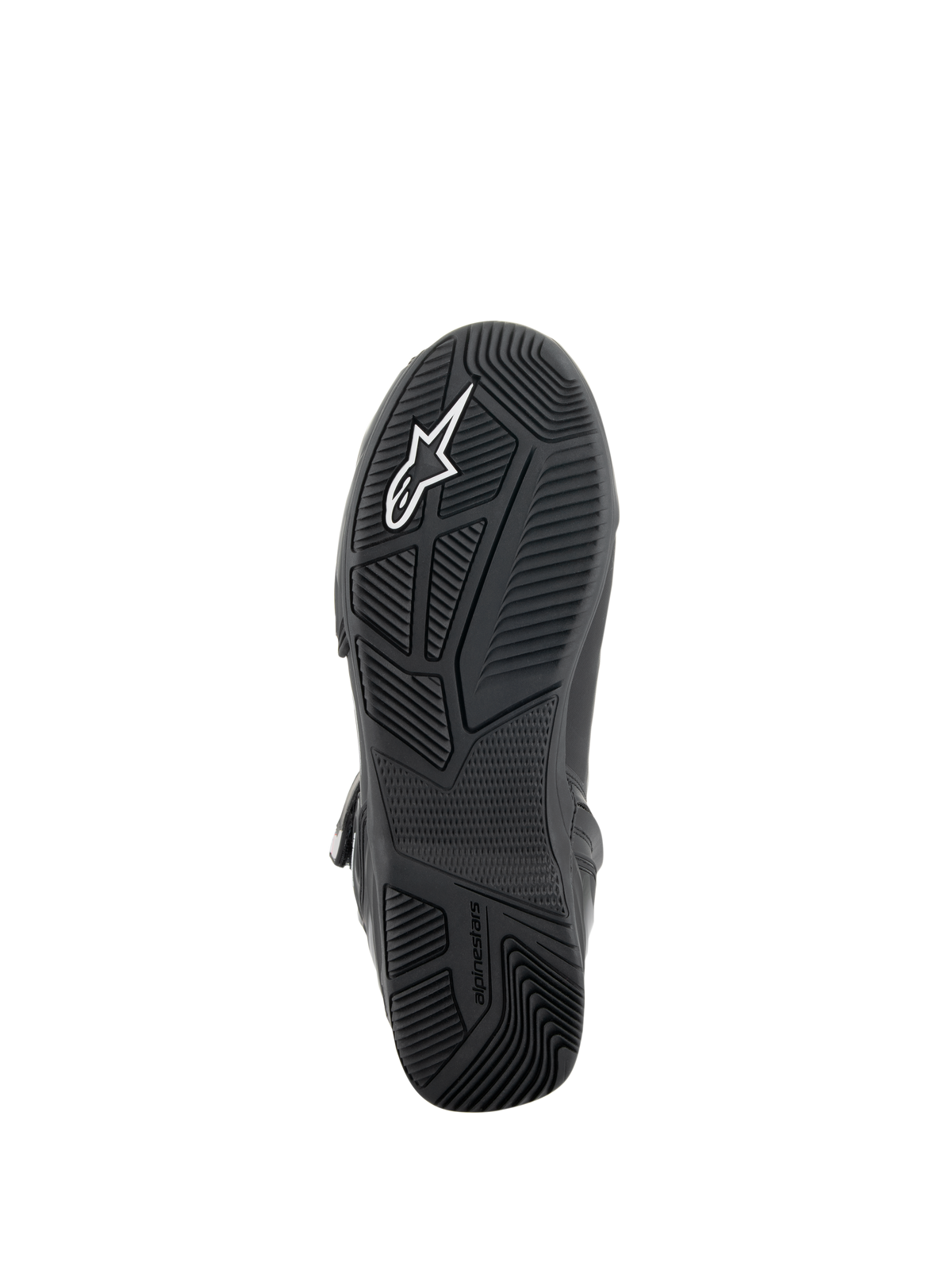 Sapatos Alpinestars Superfaster, Preto/Cinzento/Vermelho Brilhante, vista inferior da sola de borracha preta com padrão de rasto técnico para aderência, integração da estrutura de proteção TPF e logótipo Alpinestars branco.