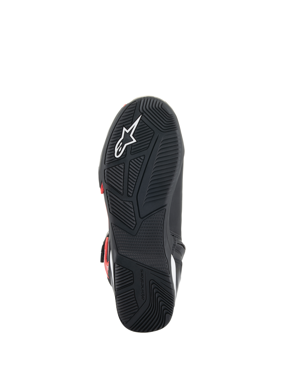 Sapatos Alpinestars Superfaster, vista da sola, sola de borracha preta com padrão de aderência técnico, logótipo Astars branco e marca Alpinestars em relevo, concebidos para condução de mota e conforto ao caminhar